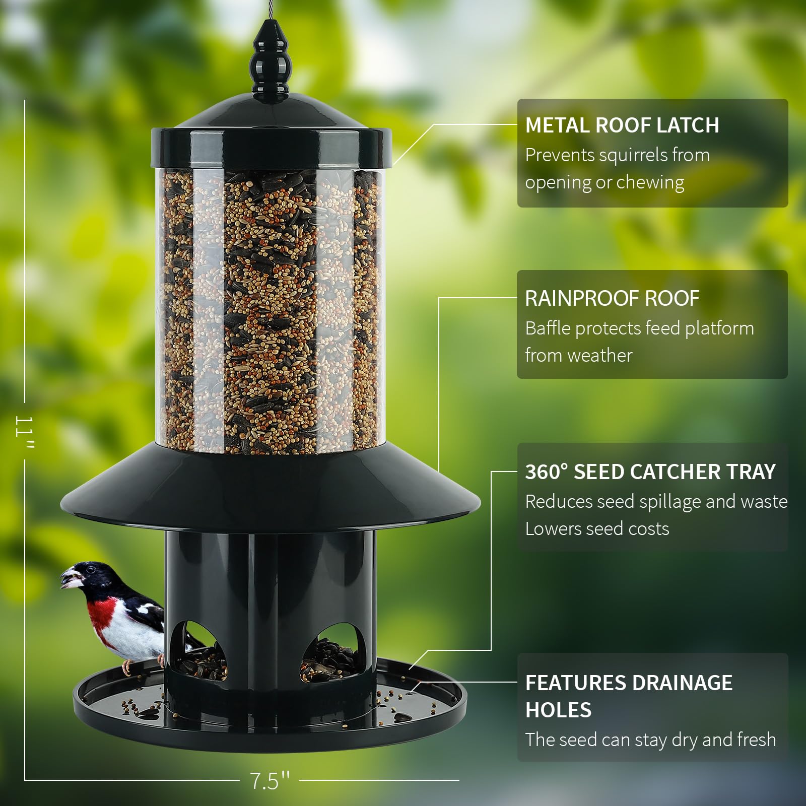 Squirrel Proof Bird Feeder, 360° Feeding Perch Tray, Outdoor Hanging Wild Bird Seed Feeder, Dark Green
