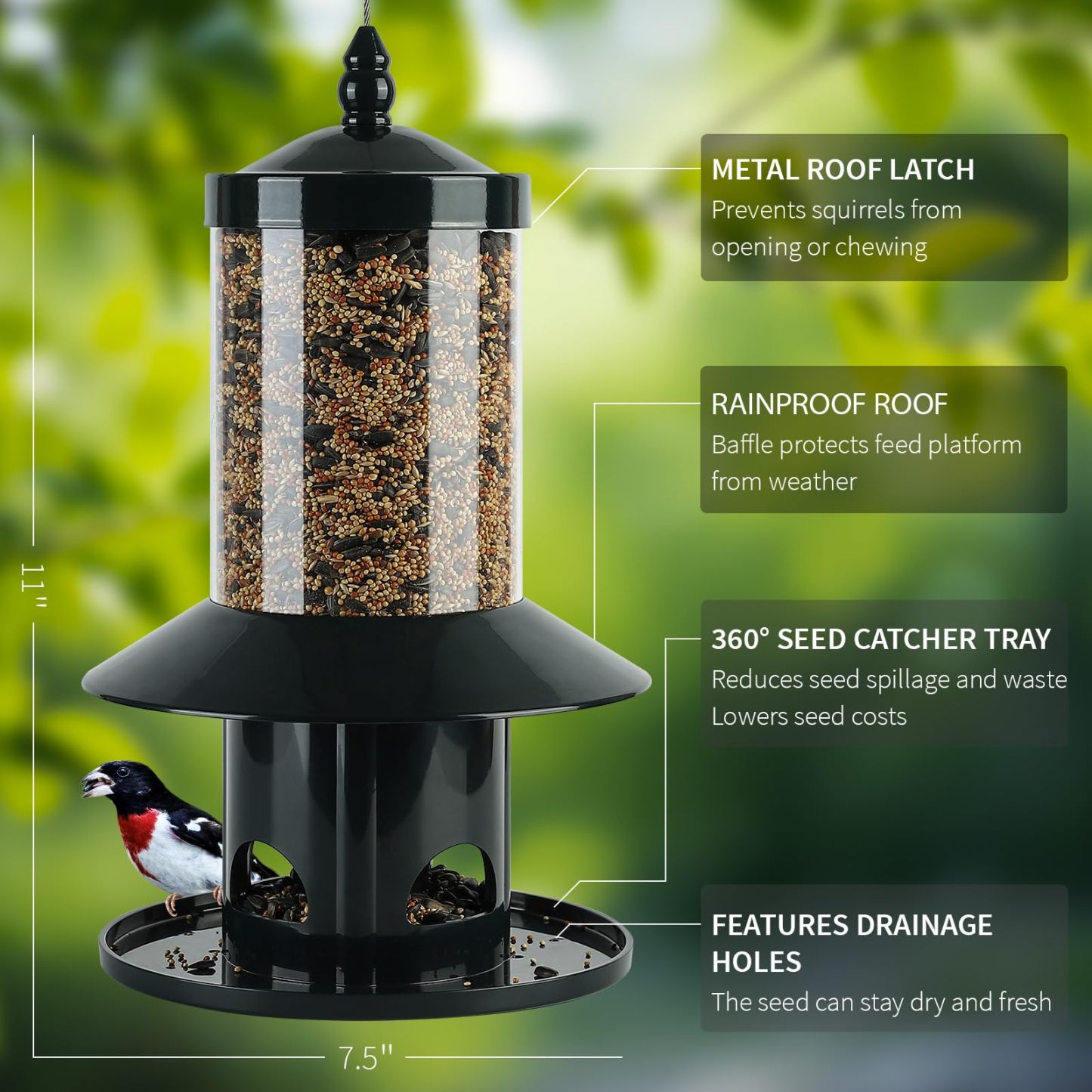 Squirrel Proof Bird Feeder, 360° Feeding Perch Tray, Outdoor Hanging Wild Bird Seed Feeder, Dark Green