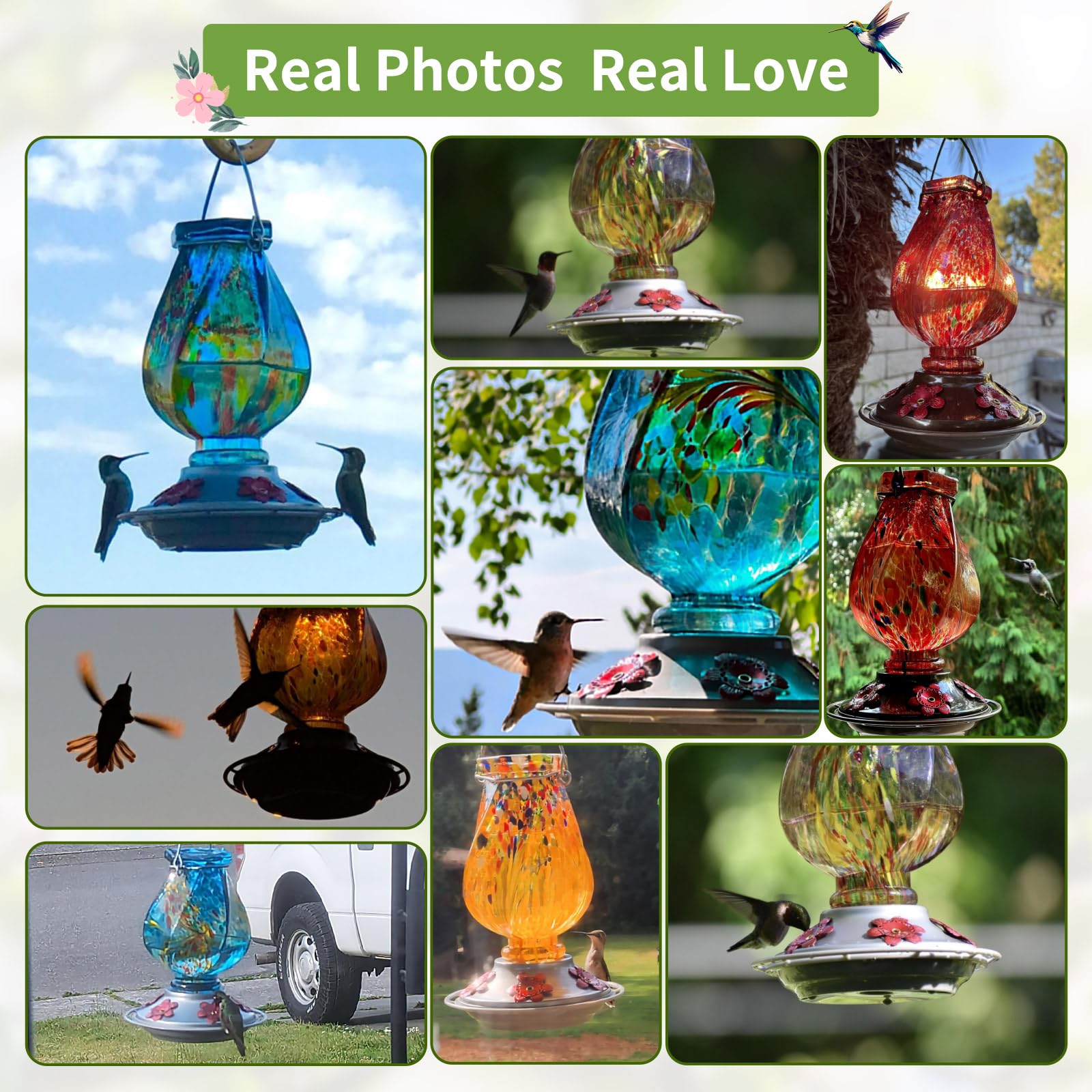22oz Hand Blown Glass Hummingbird Feeder, Outdoor Hanging with Ant Moat, 5 Bee-Proof Feeding Ports, 360° Perch Leak-Proof Design, Blue Perfect Gift for Mom Dad Women Men