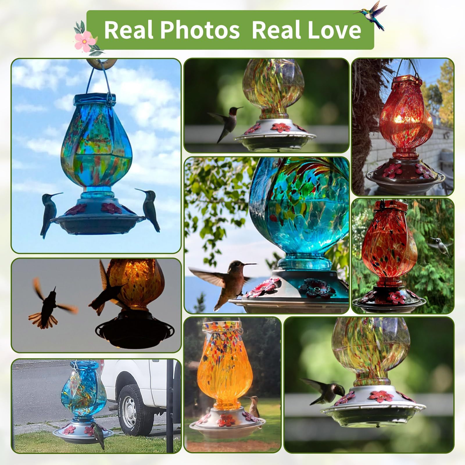 22oz Hand Blown Glass Hummingbird Feeder, Outdoor Hanging with Ant Moat, 5 Bee-Proof Feeding Ports, 360° Perch Leak-Proof Design, Blue Perfect Gift for Mom Dad Women Men