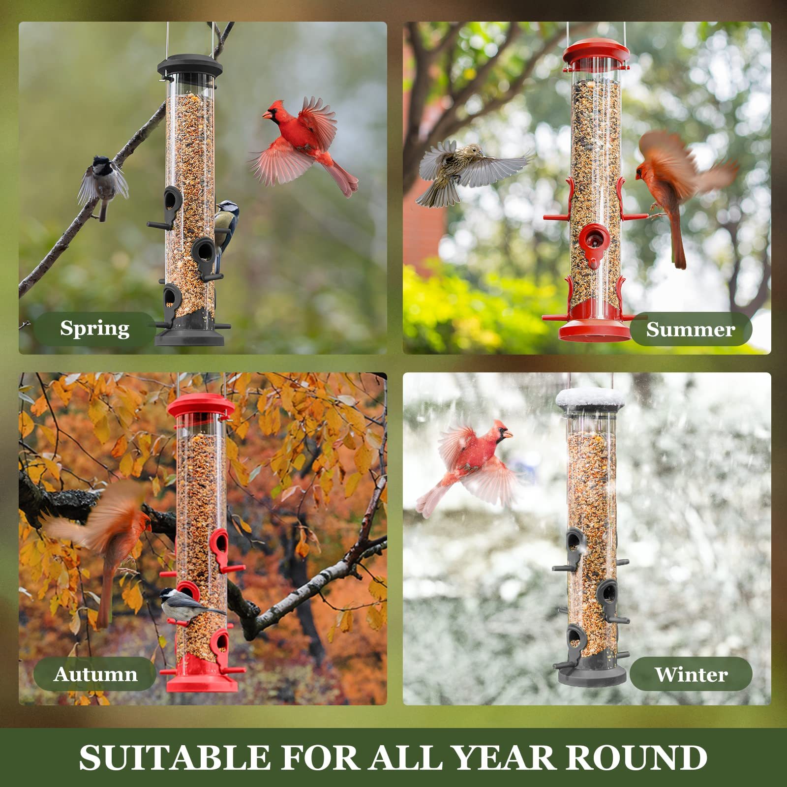 2 Pack Tube Bird Feeders 6 Feeding Ports Outdoor Hanging, Weatherproof Hard Plastic Wild Bird Feeder with Steel Hanger for Garden Yard