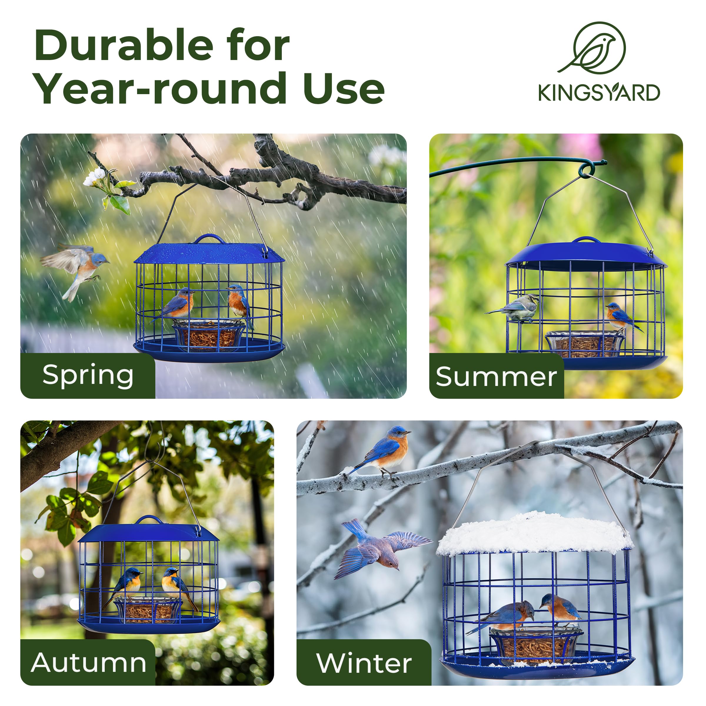 All Metal Bluebird Feeder, Outdoor Hanging Cage Mealworm Bird Feeder with Tray, Squirrel Proof & Weather Resistant, Easy to Refill and Clean