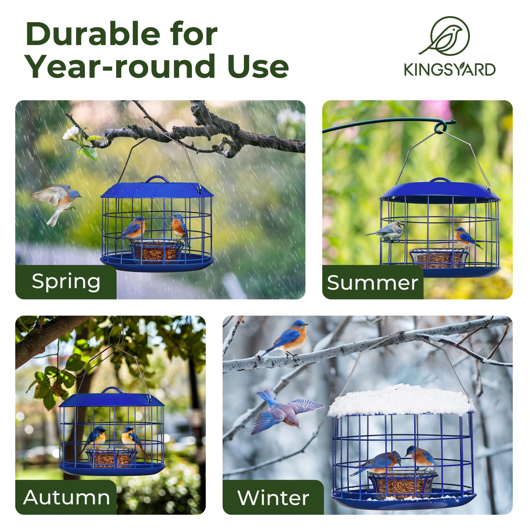 All Metal Bluebird Feeder, Outdoor Hanging Cage Mealworm Bird Feeder with Tray, Squirrel Proof & Weather Resistant, Easy to Refill and Clean