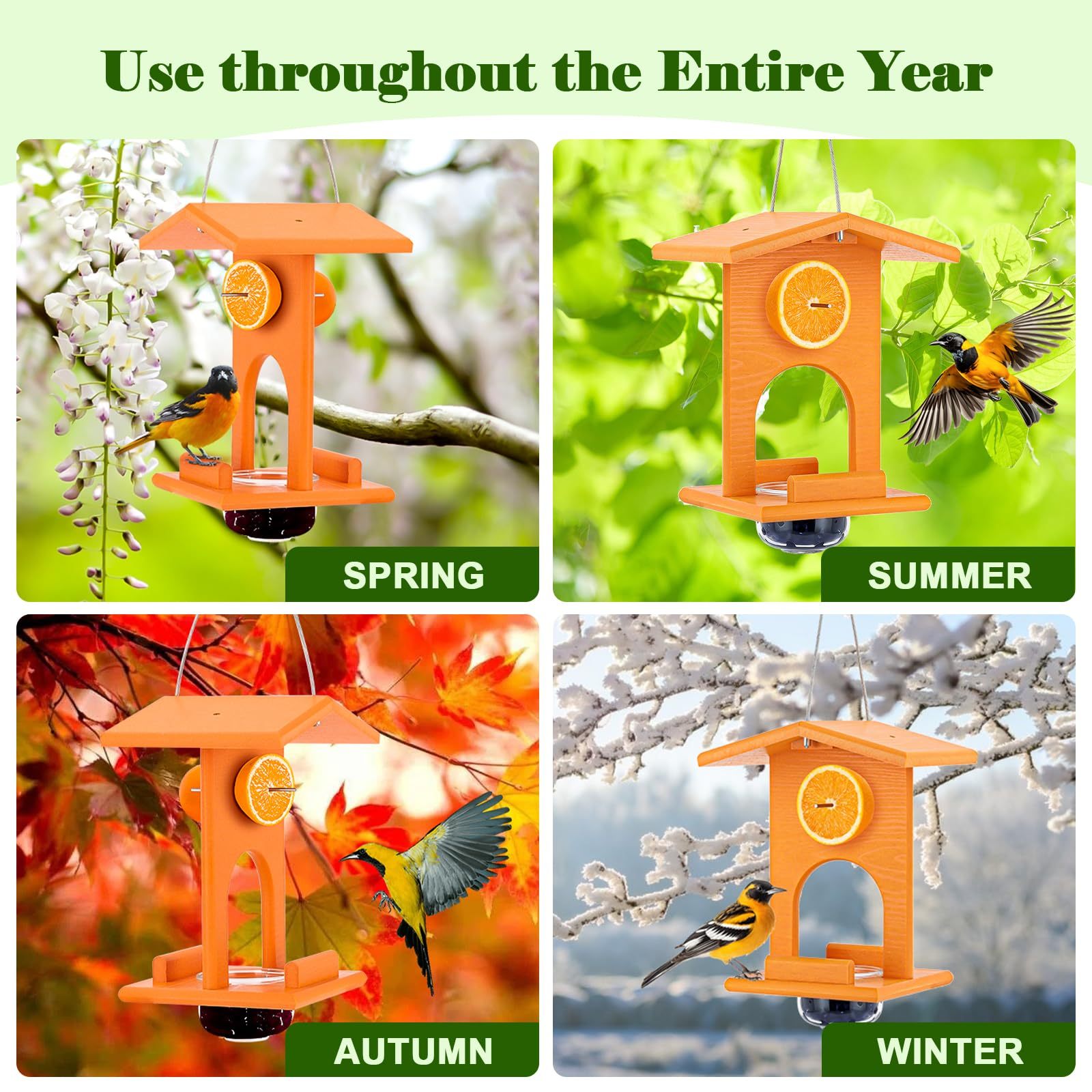 Oriole Feeders for Outdoors Hanging, All-in-One Recycled Plastic Oriole Feeder with Removable Glass Cup, for Jelly Jam Fruit Nectar Seed Feeding, Orange, 1 Pack