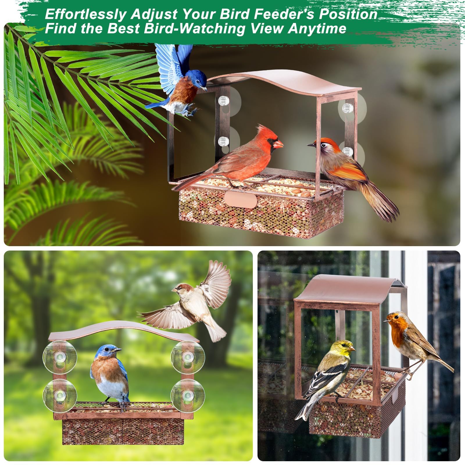 Window Mount Metal Bird Feeder with Wide View, Strong Suction Cups Outdoor Wild Bird Feeder for Bird Watching & Gifts