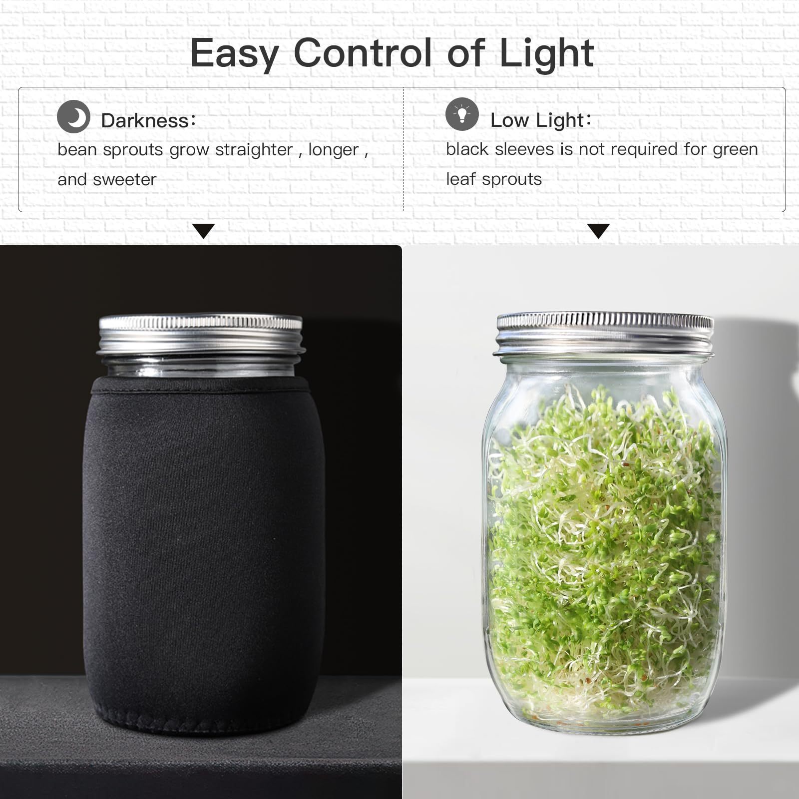 Seed Sprouting Jar Kit, 2 Pack Wide Mouth Mason Jars with 316 Stainless Steel Sprouting Lids, Drip Tray & Stand for Growing Broccoli, Alfalfa, Bean Sprouts