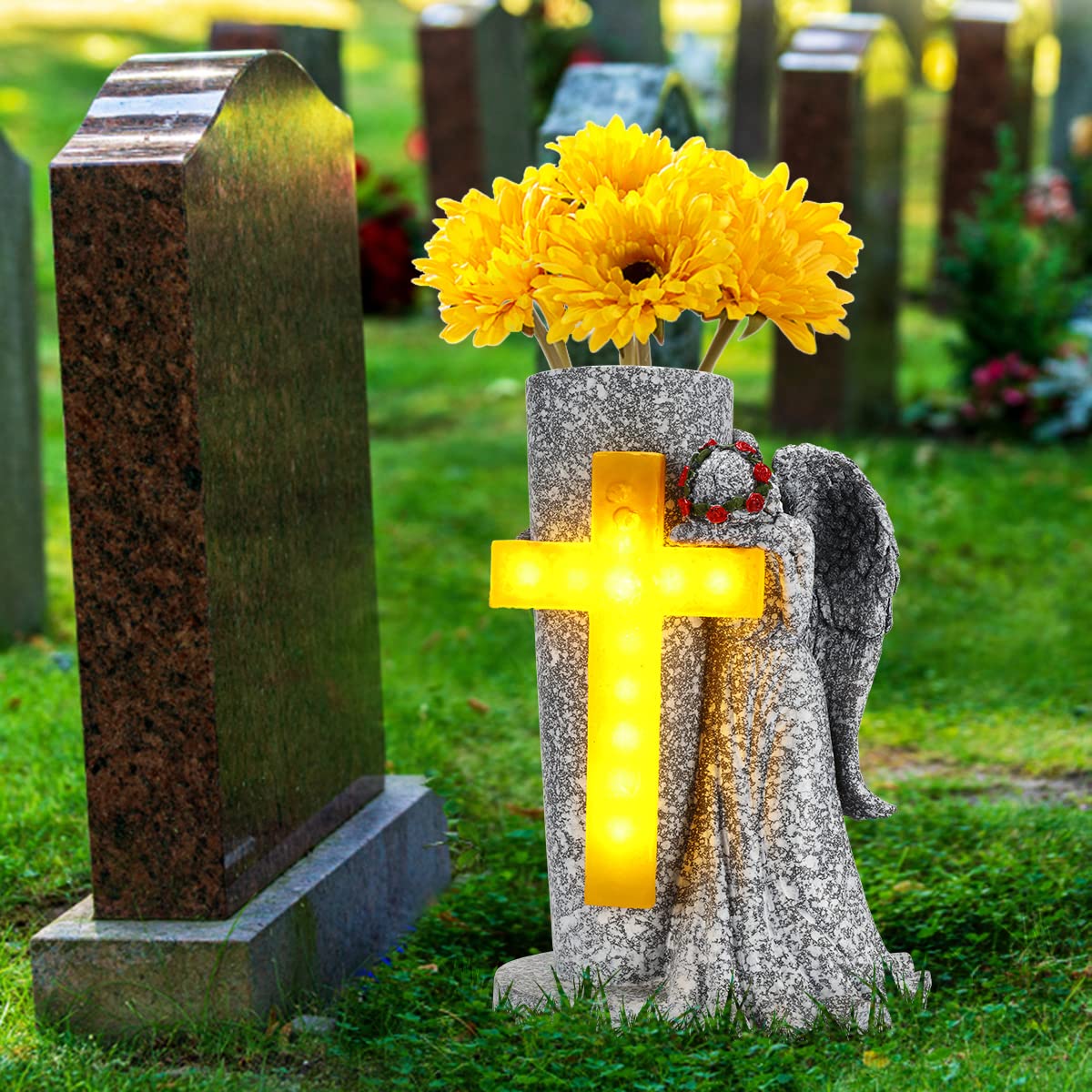 Angel Garden Statue with Solar Cross Lights