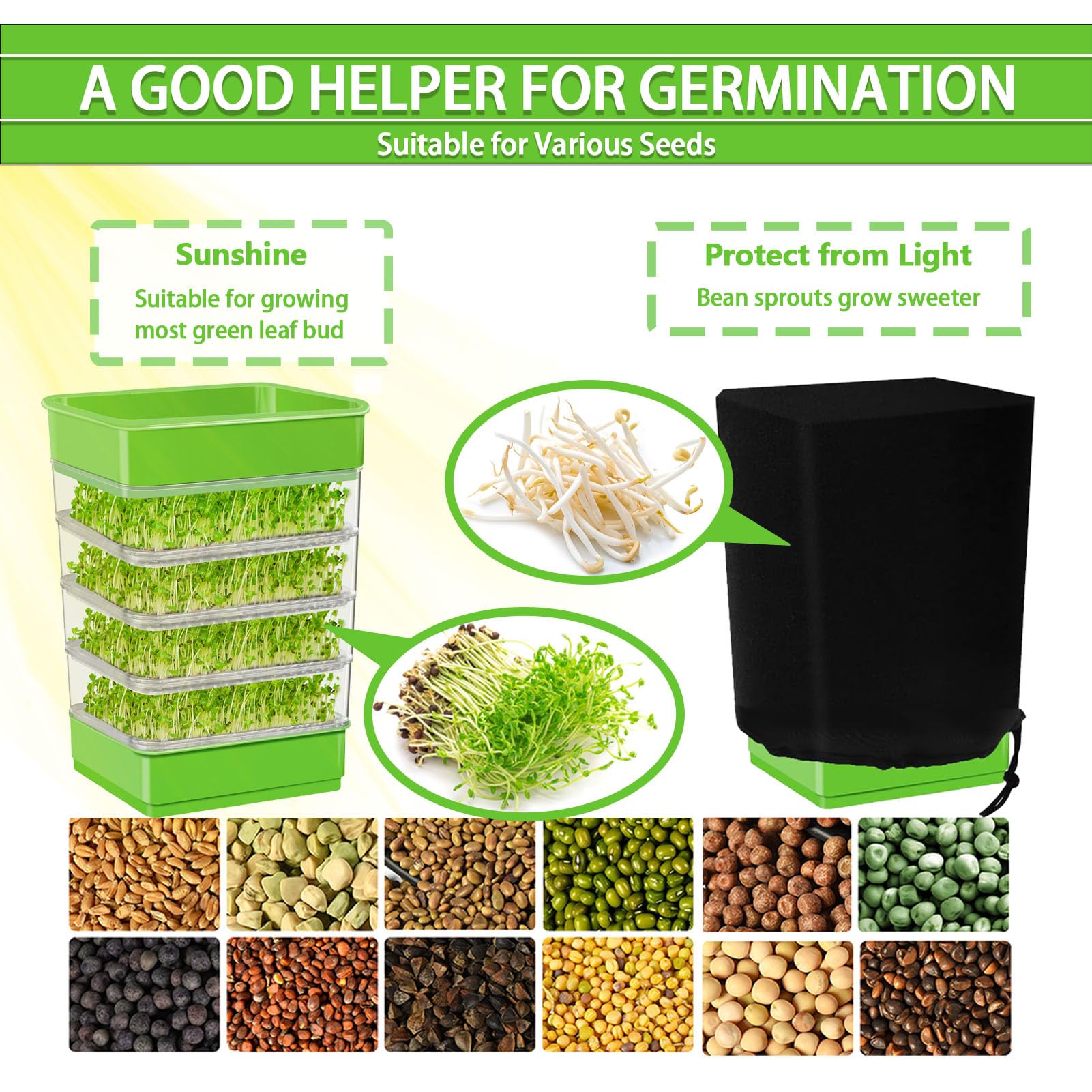 4-Tier Stackable Seed Sprouting Kit with Drain Holes & Drain Tray, Upgrade Ripple Soil-Free Sprouter Tray for Beans, Alfalfa & Microgreens