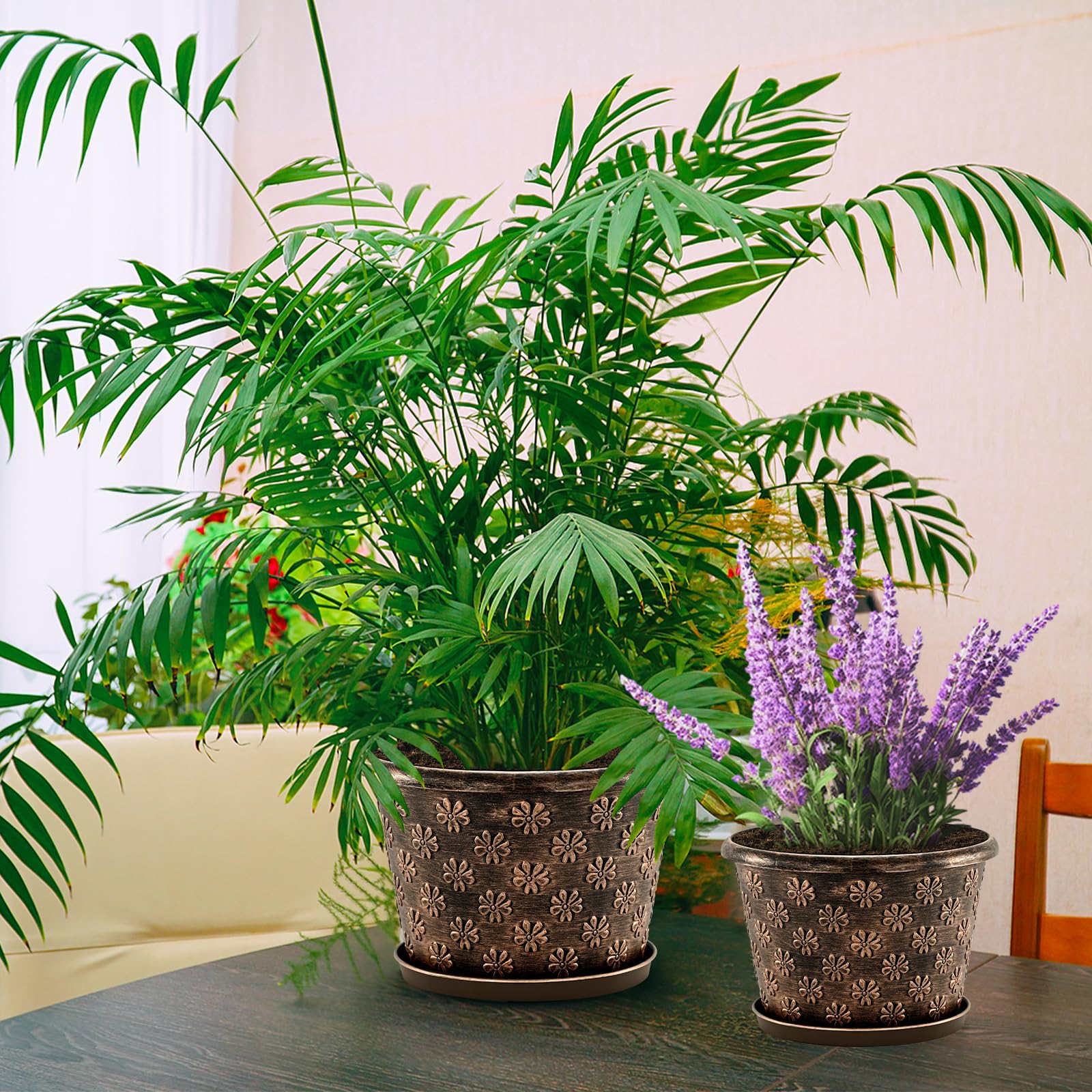 4 Pack 10 Inch Plastic Plant Pots, Large Resin Flower Planters with Drainage Hole & Removable Saucer, Retro Decorative Plant Pots for Indoor Outdoor Home Garden