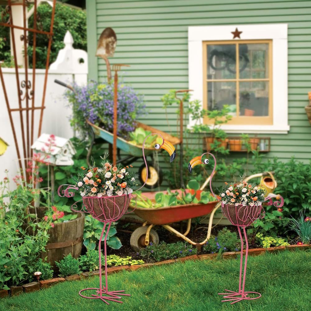 Set of 2 Pink Flamingo Planters with Basket, Metal Standing Flower Pots, Outdoor Yard Art Decor for Home Garden Porch Lawn Patio Pool