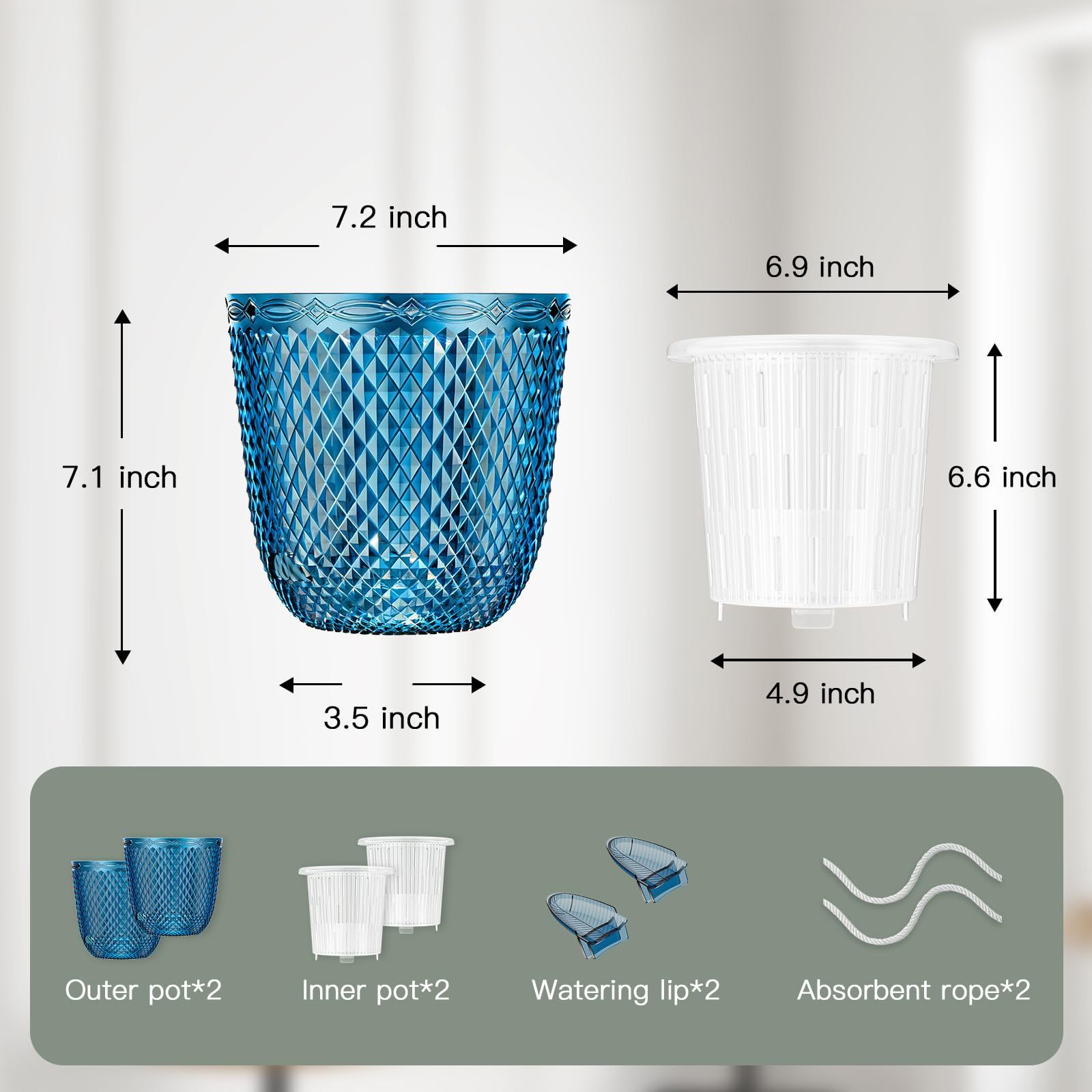 2 Pack Self Watering Plant Pots, 7.2 Inch Plastic Planters with Drainage Holes & Water Inlet Port, Modern Garden Flower Pots for Indoor Outdoor Plants