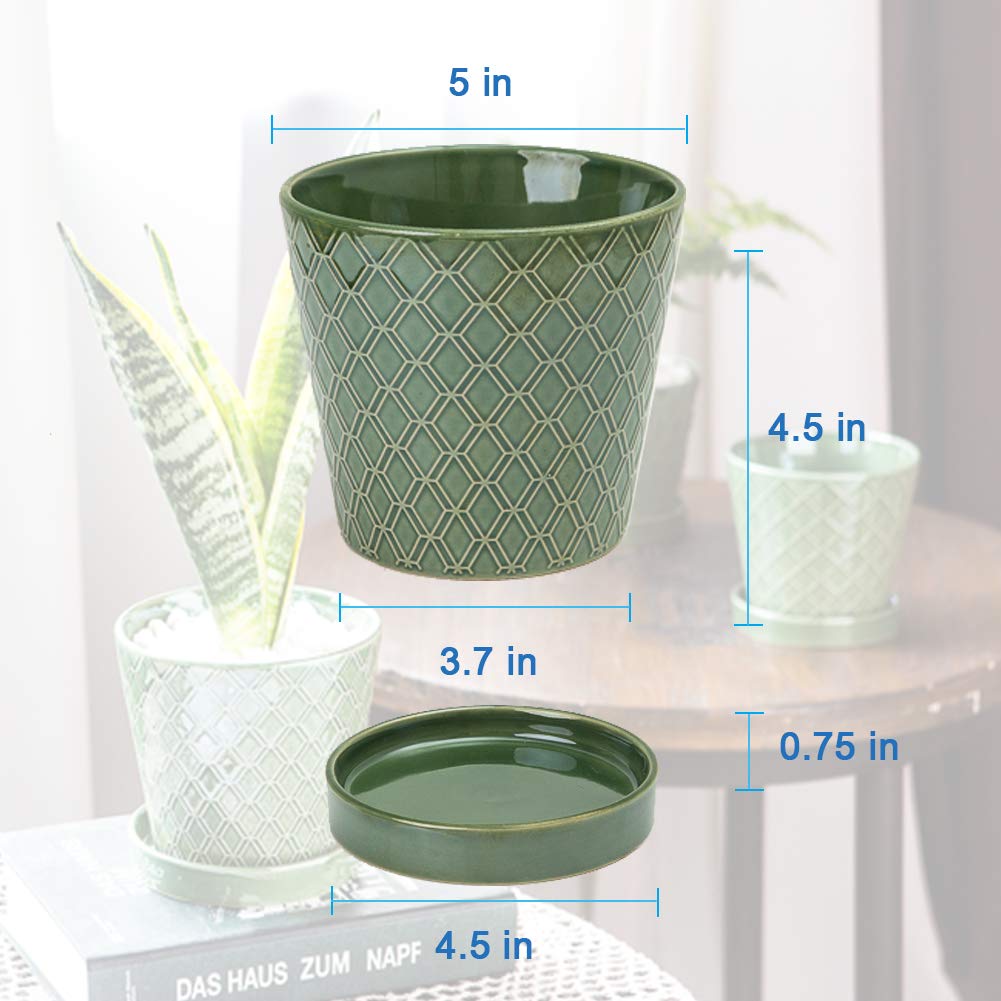 Set of 4 Ceramic Plant Pots, 5 Inch Indoor Flower Planters with Drainage Hole & Matching Tray, Decorative Plant Pots for Home Desktop Office Windowsill, Plants Not Included