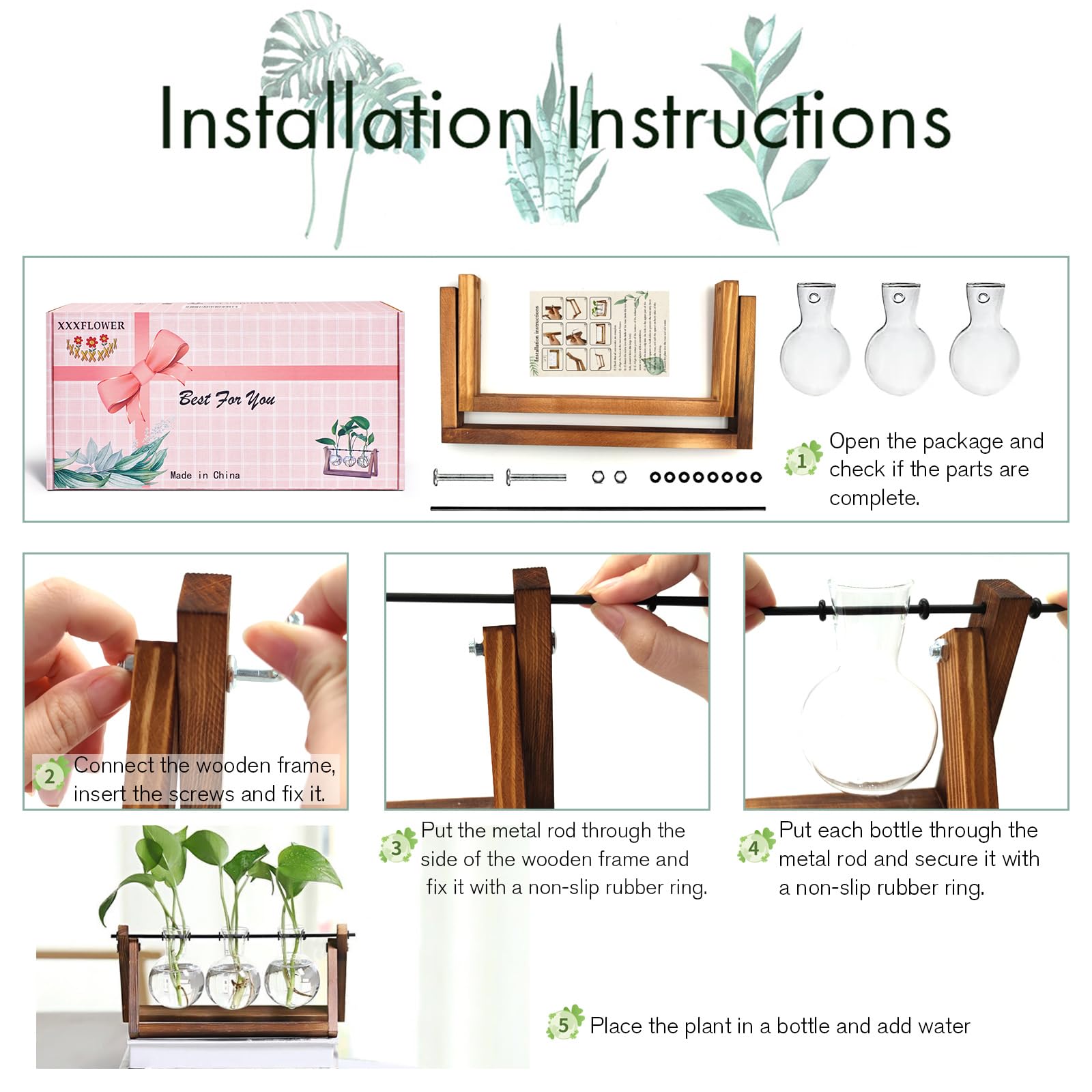 3 Pack Glass Bulb Plant Terrarium with Wooden Stand, Retro Swivel Metal Holder Hydroponic Vase, Tabletop Air Planter for Home Office Garden Decor