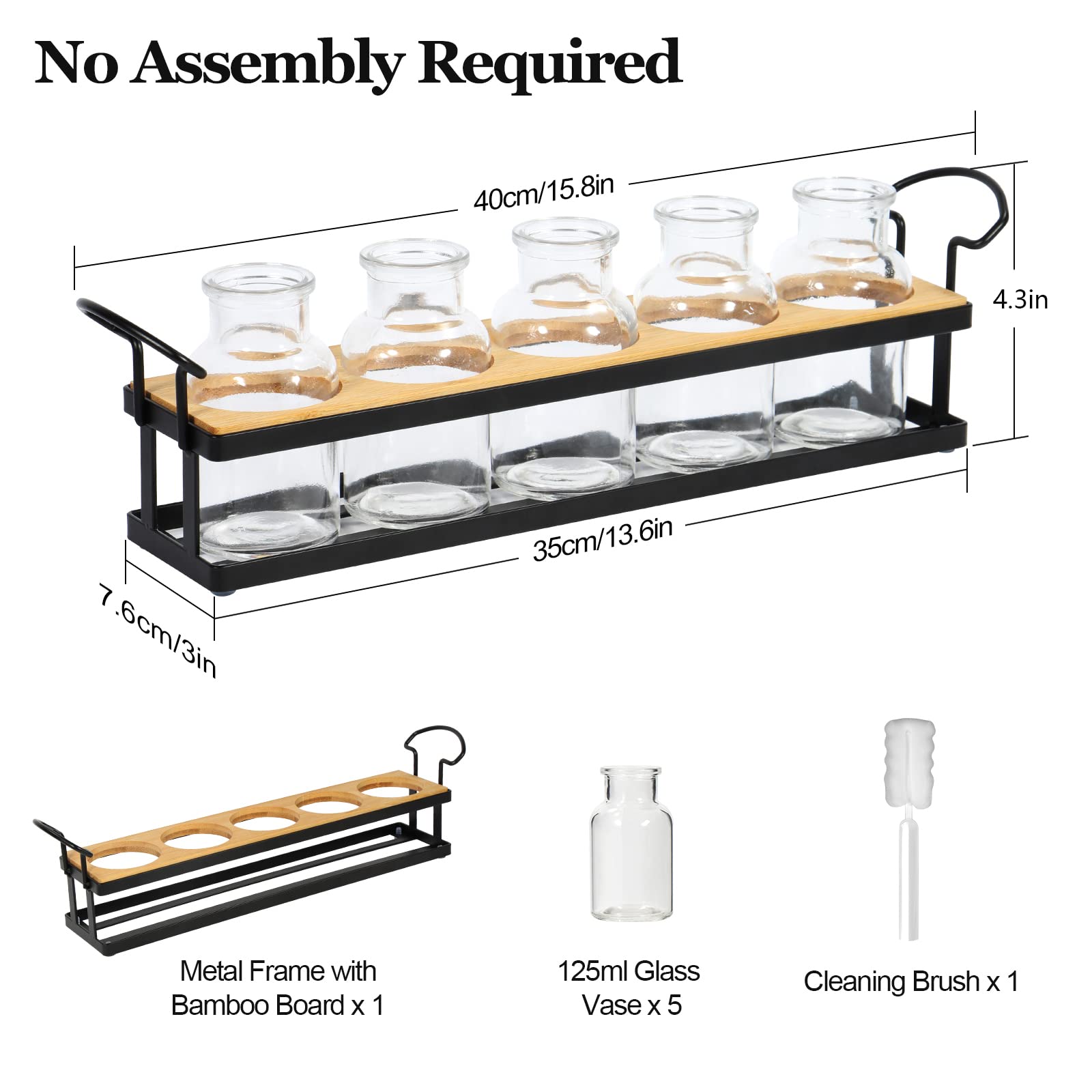 Tabletop Plant Propagation Station with Metal Stand, Retro Glass Hydroponic Planter Vase, 5 Jars Desktop Terrarium for Home Kitchen Office Decor & Plant Lovers Gifts