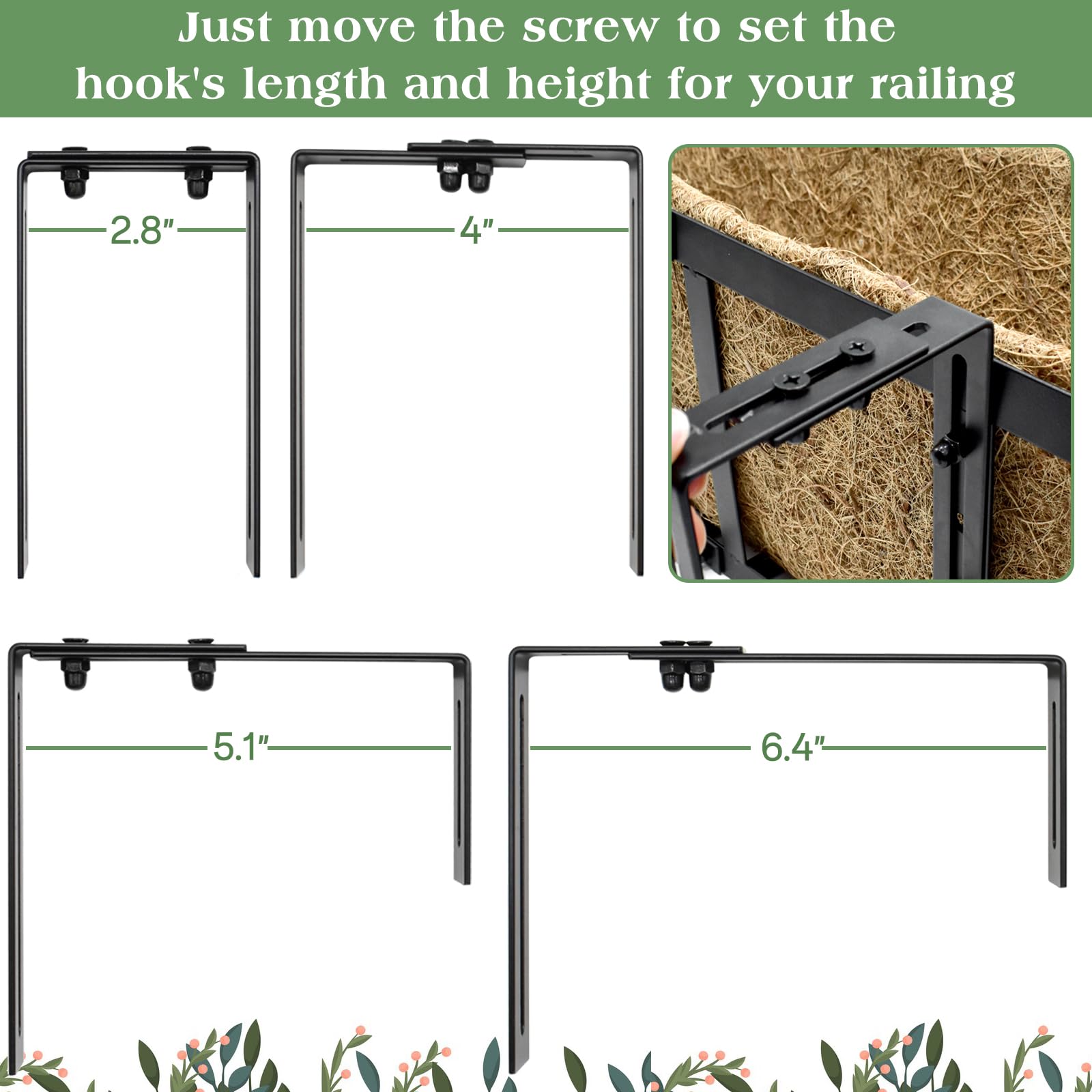 2 Pack 24 Inch Hanging Railing Planter Boxes, Window Flower Planters with Coco Liner & Adjustable Brackets for Outdoor Balcony Deck Fence