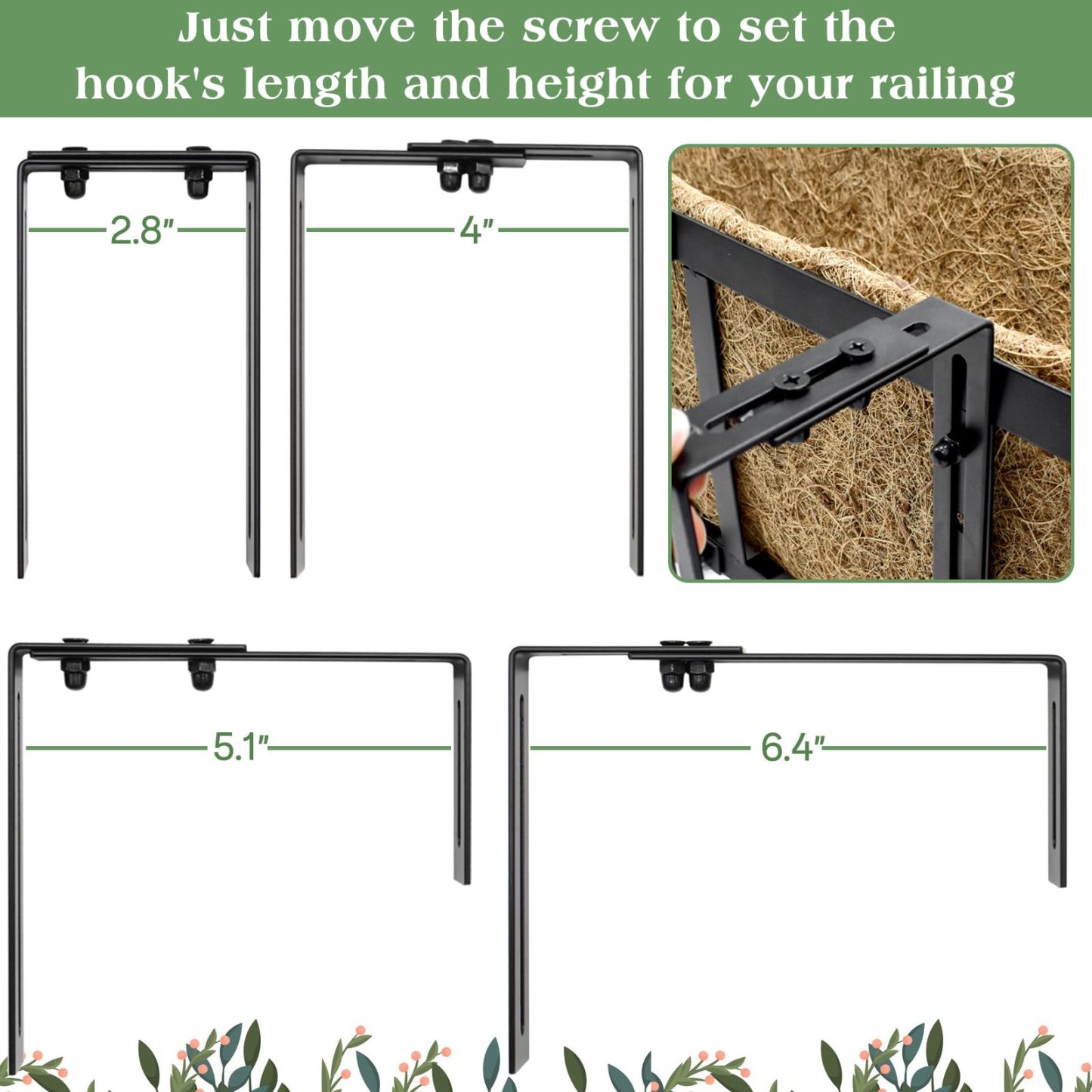 2 Pack 24 Inch Hanging Railing Planter Boxes, Window Flower Planters with Coco Liner & Adjustable Brackets for Outdoor Balcony Deck Fence