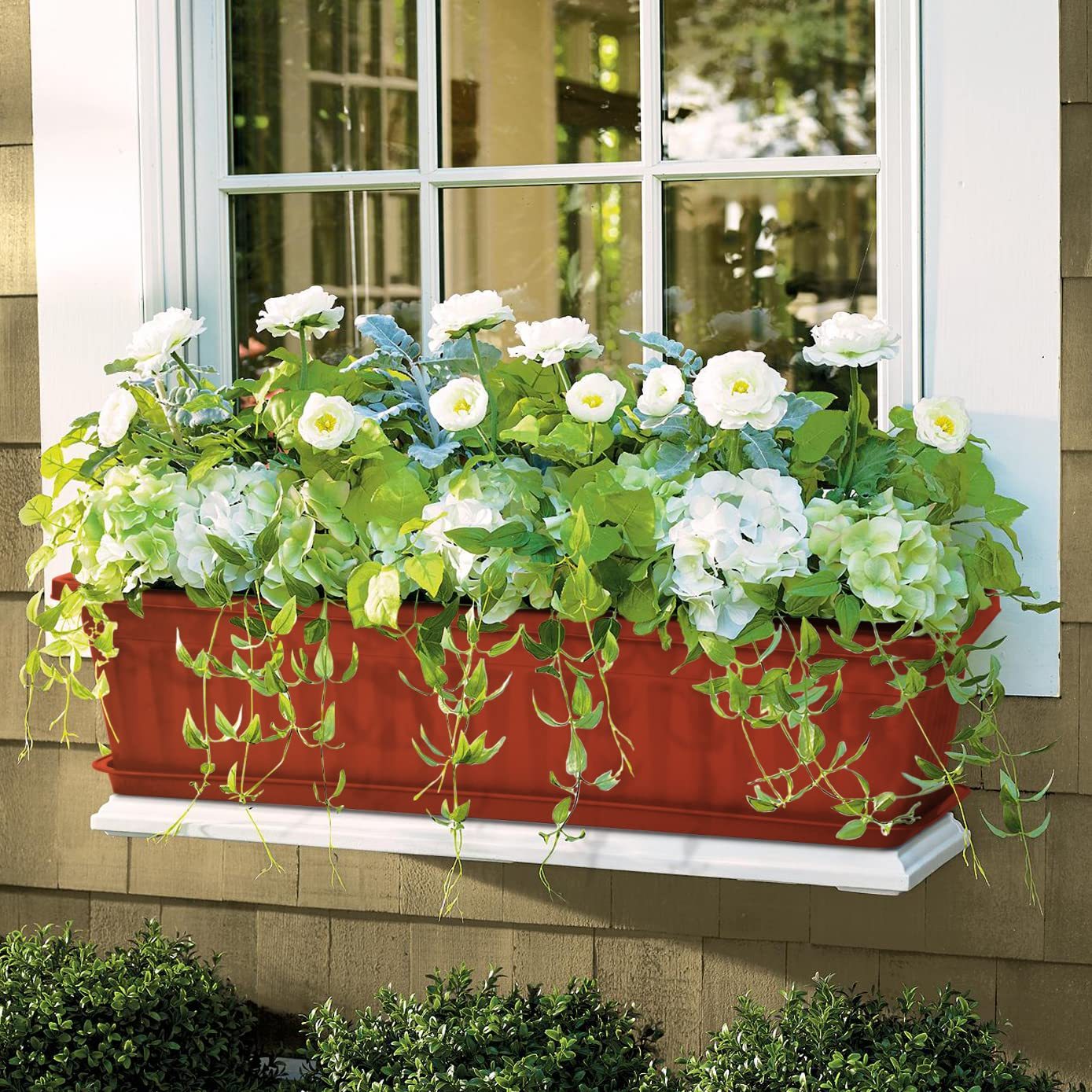 6 Pack 17 Inch Rectangular Plastic Window Planter Boxes, Brick Red Plant Pots with Drainage Trays for Windowsill Balcony Garden Patio