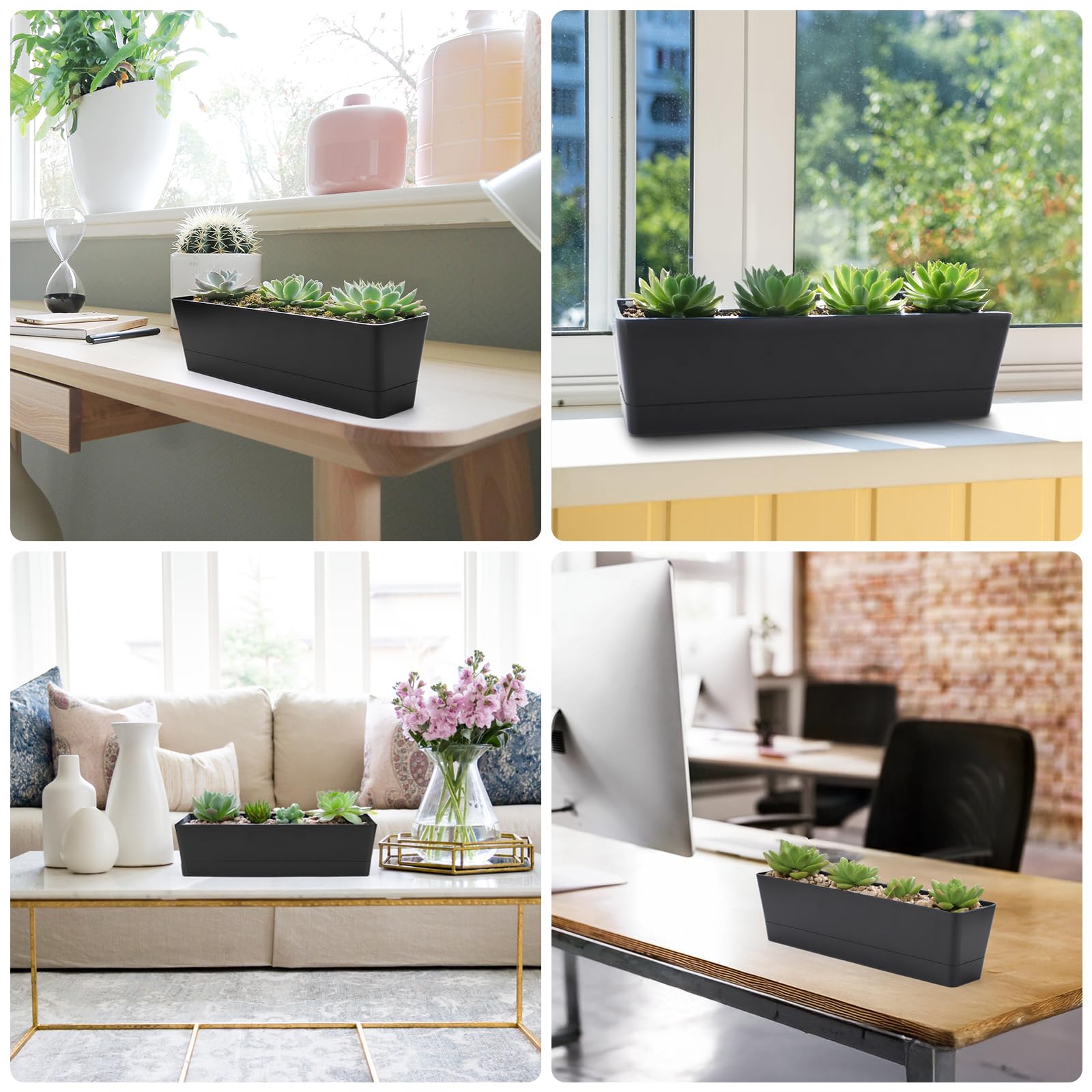 3 Pack 16x3.8 Inch Black Rectangular Plastic Planter Boxes, Flower Herb Succulent Pots with Drainage Holes & Tray for Indoor Outdoor Balcony Garden Windowsill