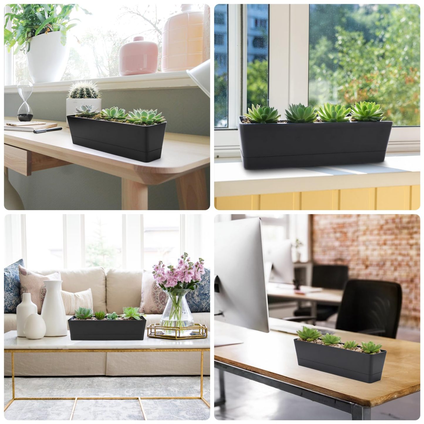 3 Pack 16x3.8 Inch Black Rectangular Plastic Planter Boxes, Flower Herb Succulent Pots with Drainage Holes & Tray for Indoor Outdoor Balcony Garden Windowsill