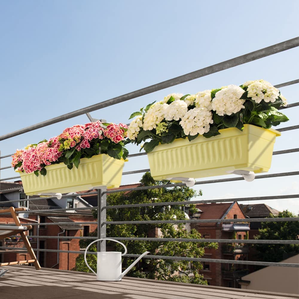 6 Pack 17 Inch Yellow Rectangular Plastic Planter Boxes with Tray, Flower Vegetable Pots for Windowsill Patio Balcony Indoor Outdoor