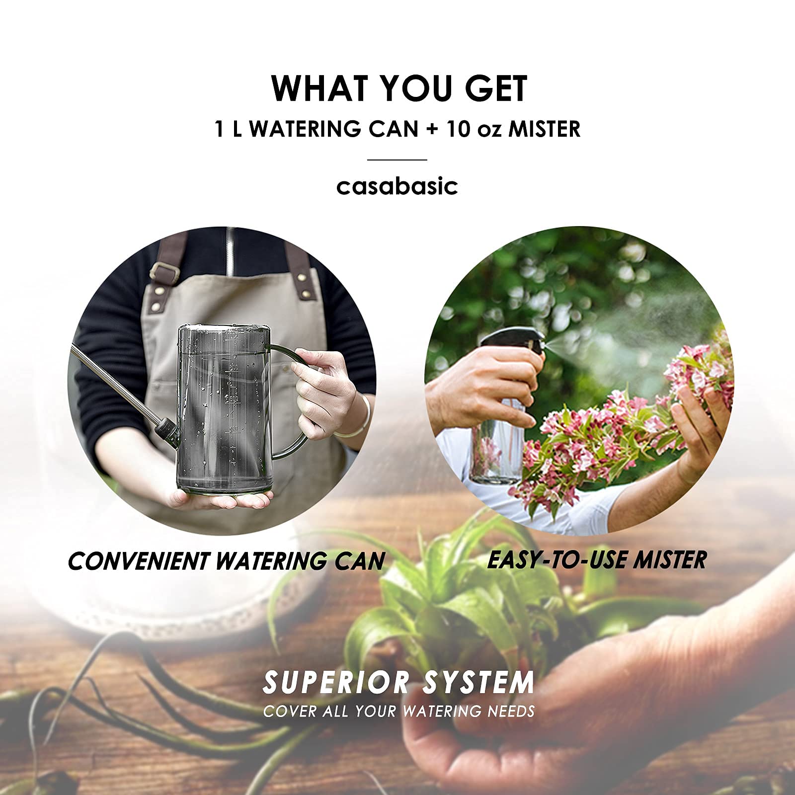 1L Long Spout Watering Can, Small Indoor Plant Watering Can with Bonus Plant Mister Spray Bottle for Succulents Flowers House Plants