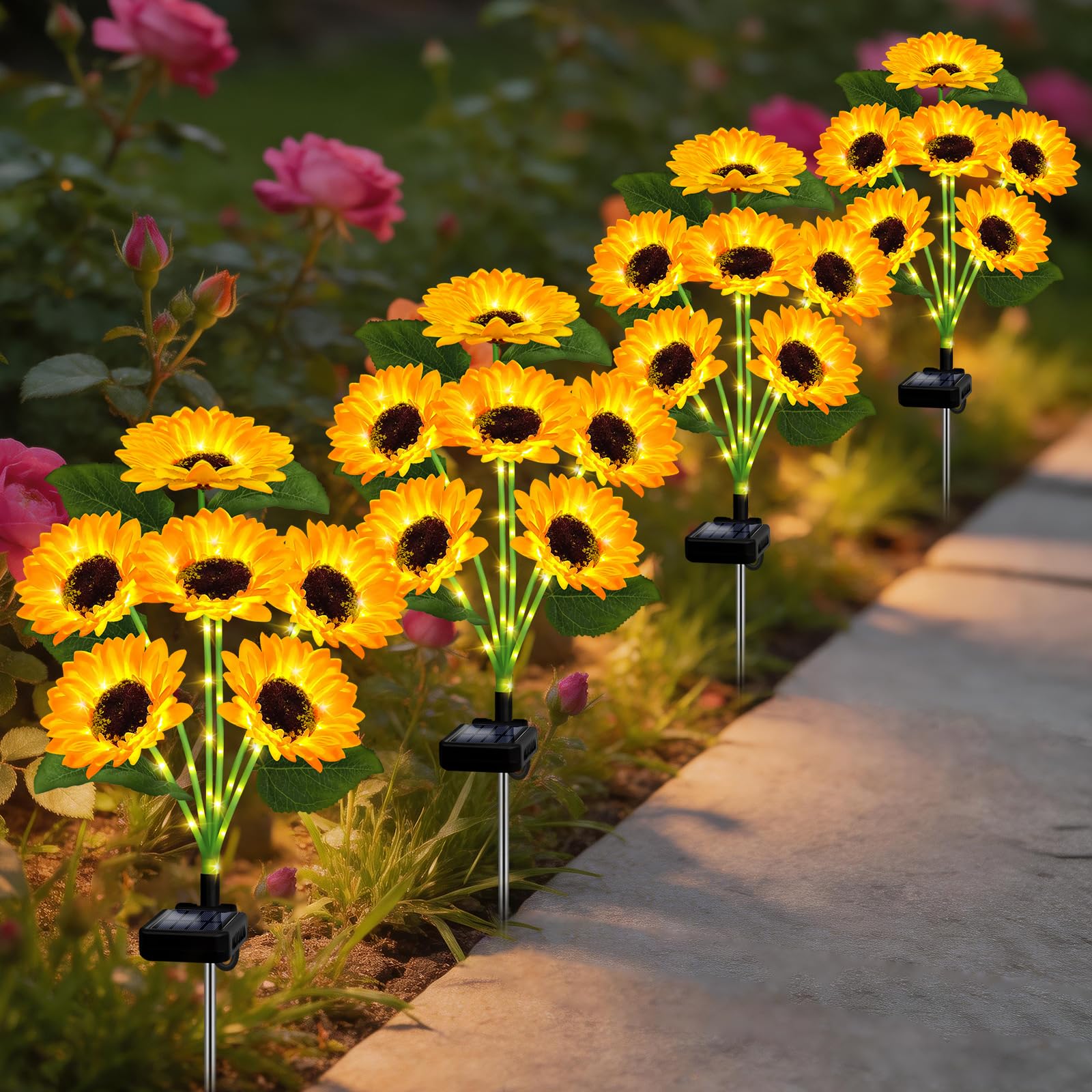 Solar Garden Lights, 4 Sets with 24 Sunflower LED Lights, Waterproof Flower Stake Lights, Outdoor Landscape Decor for Yard Patio Lawn, Sweet Gift for Mom Grandma