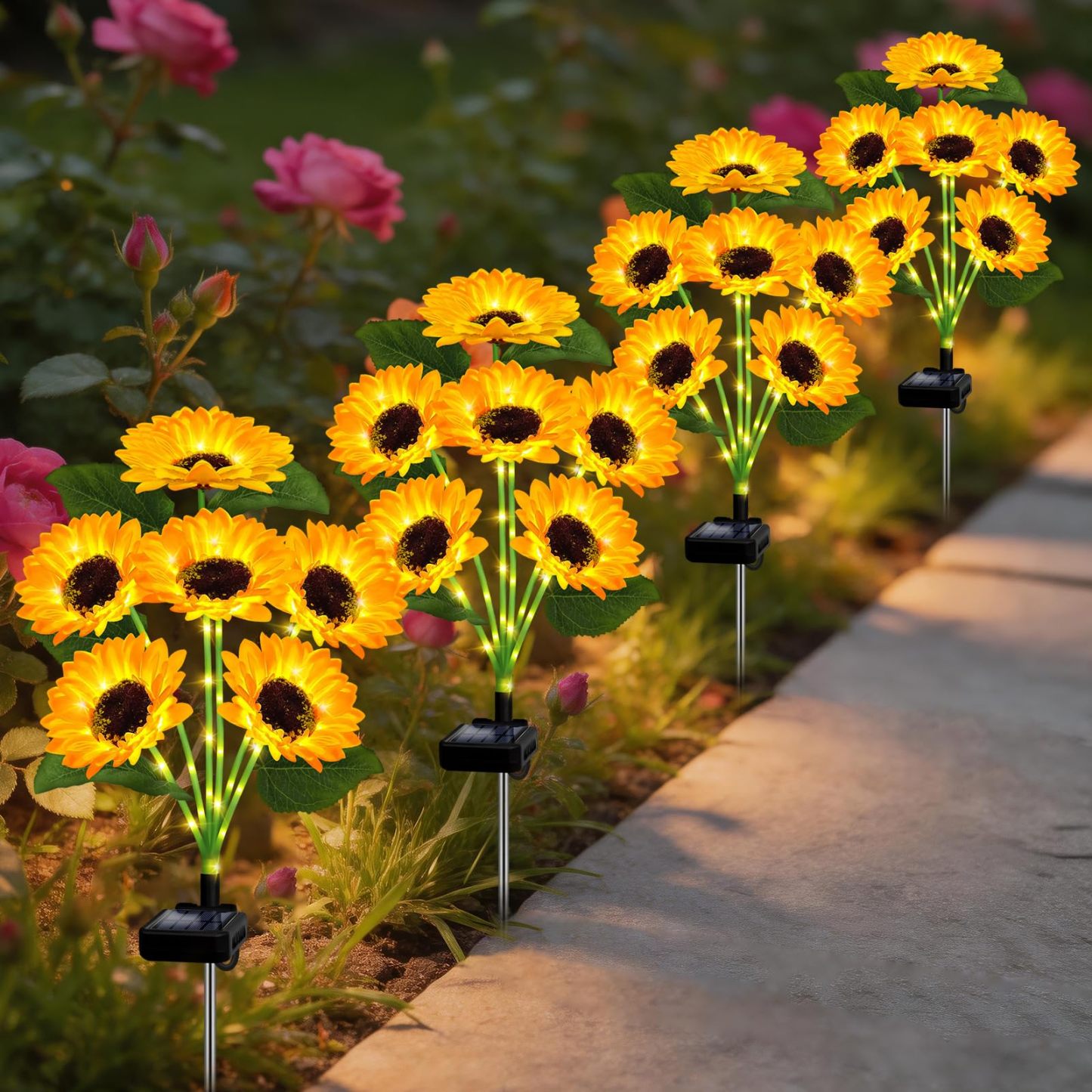 Solar Garden Lights, 4 Sets with 24 Sunflower LED Lights, Waterproof Flower Stake Lights, Outdoor Landscape Decor for Yard Patio Lawn, Sweet Gift for Mom Grandma