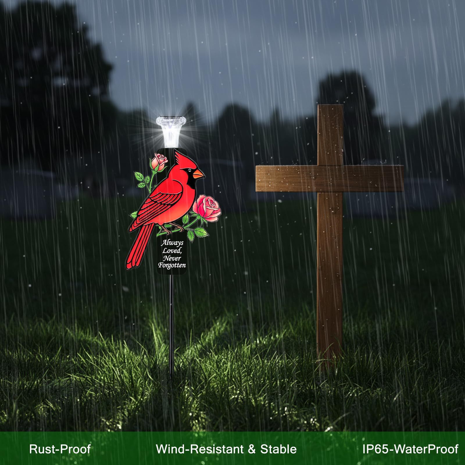 Red Cardinal Solar Memorial Stakes, Metal Cemetery Grave Decor with LED Lights, Sympathy Bereavement Gift for Loss of Mom, Grandma & Loved Ones