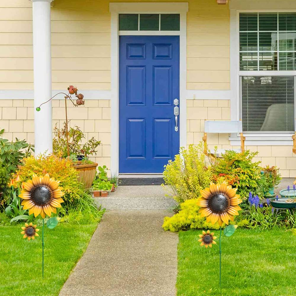 22.4" Metal Sunflower Garden Stakes, 2 Pcs Shaking Head Flower Ornaments, Spring Decor for Yard, Lawn and Patio