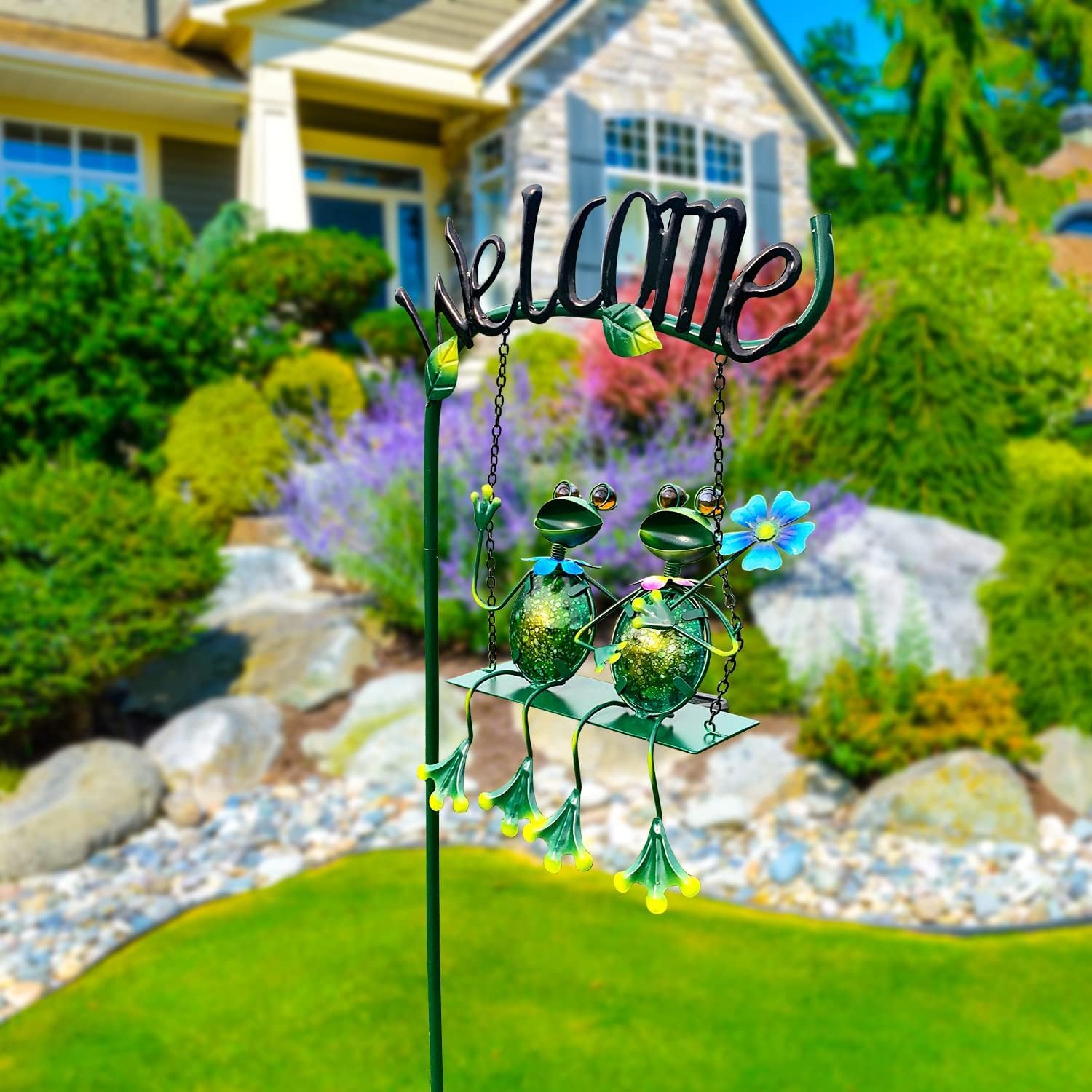 48 Inch Solar Frog Swing Garden Stake, Waterproof Outdoor Landscape Lights with Welcome Sign, Decorative Yard Patio Ornament, Gift for Mom & Women