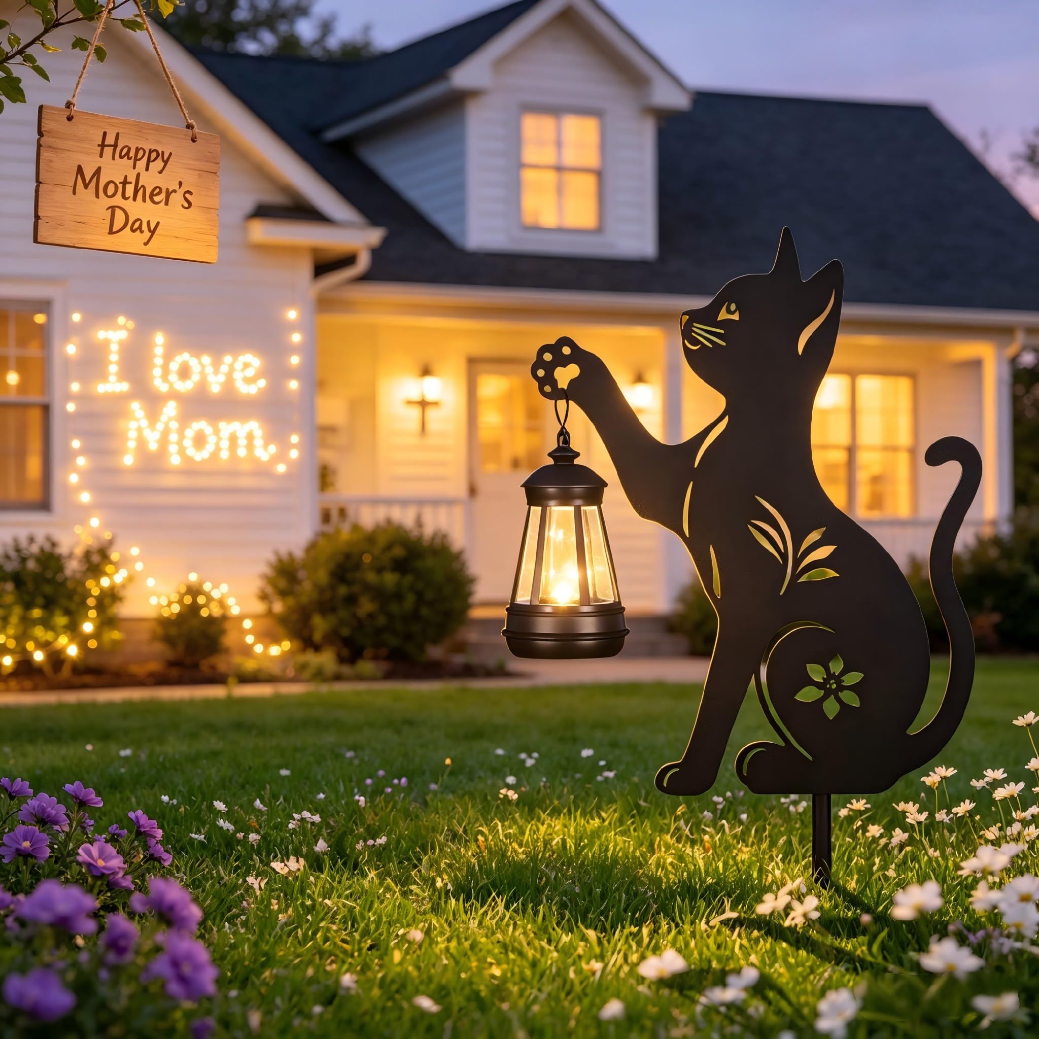 2 Pack Solar Cat Lantern, Hanging Black Cat Solar Lights, Metal Garden Stakes Statue for Yard Lawn Patio Decor, Ideal Gifts for Mom Grandma Women