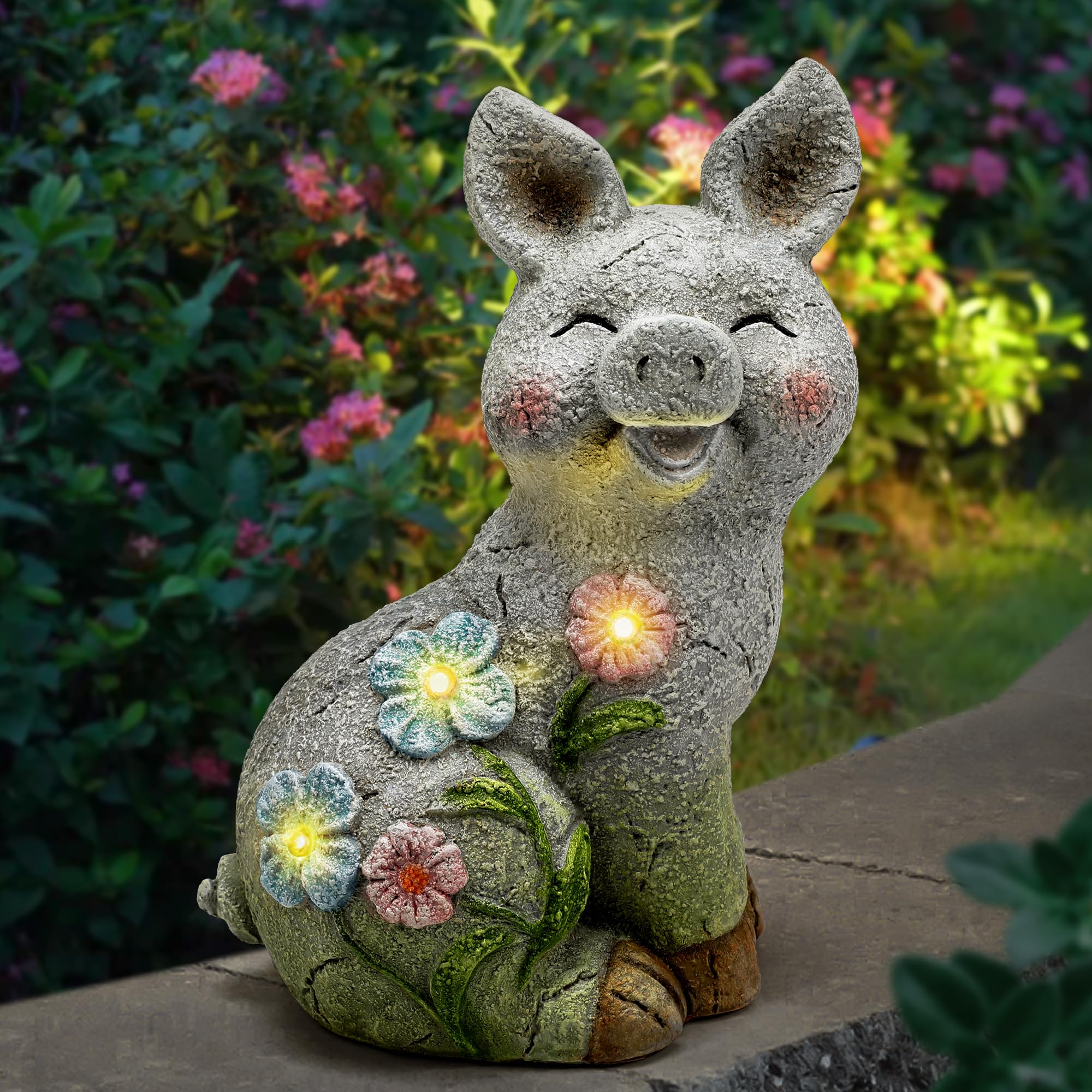 Solar Powered Pig Statue with LED Lights, Outdoor Resin Pig Figurine Garden Decor for Yard Lawn Patio Balcony, Unique Birthday Housewarming Gift for Mom & Women