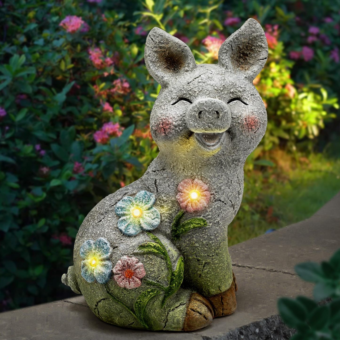 Solar Powered Pig Statue with LED Lights, Outdoor Resin Pig Figurine Garden Decor for Yard Lawn Patio Balcony, Unique Birthday Housewarming Gift for Mom & Women