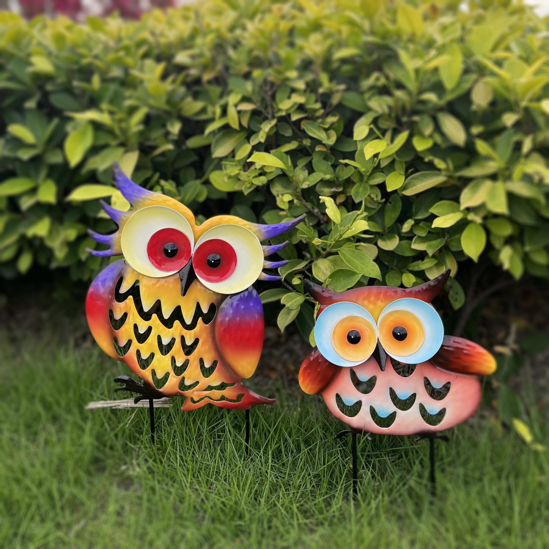 Pack of 2 Vibrant Metal Owl Silhouette Stakes, Rustproof Animal Garden Statues, Outdoor Yard Lawn & Flower Bed Decor Ornaments