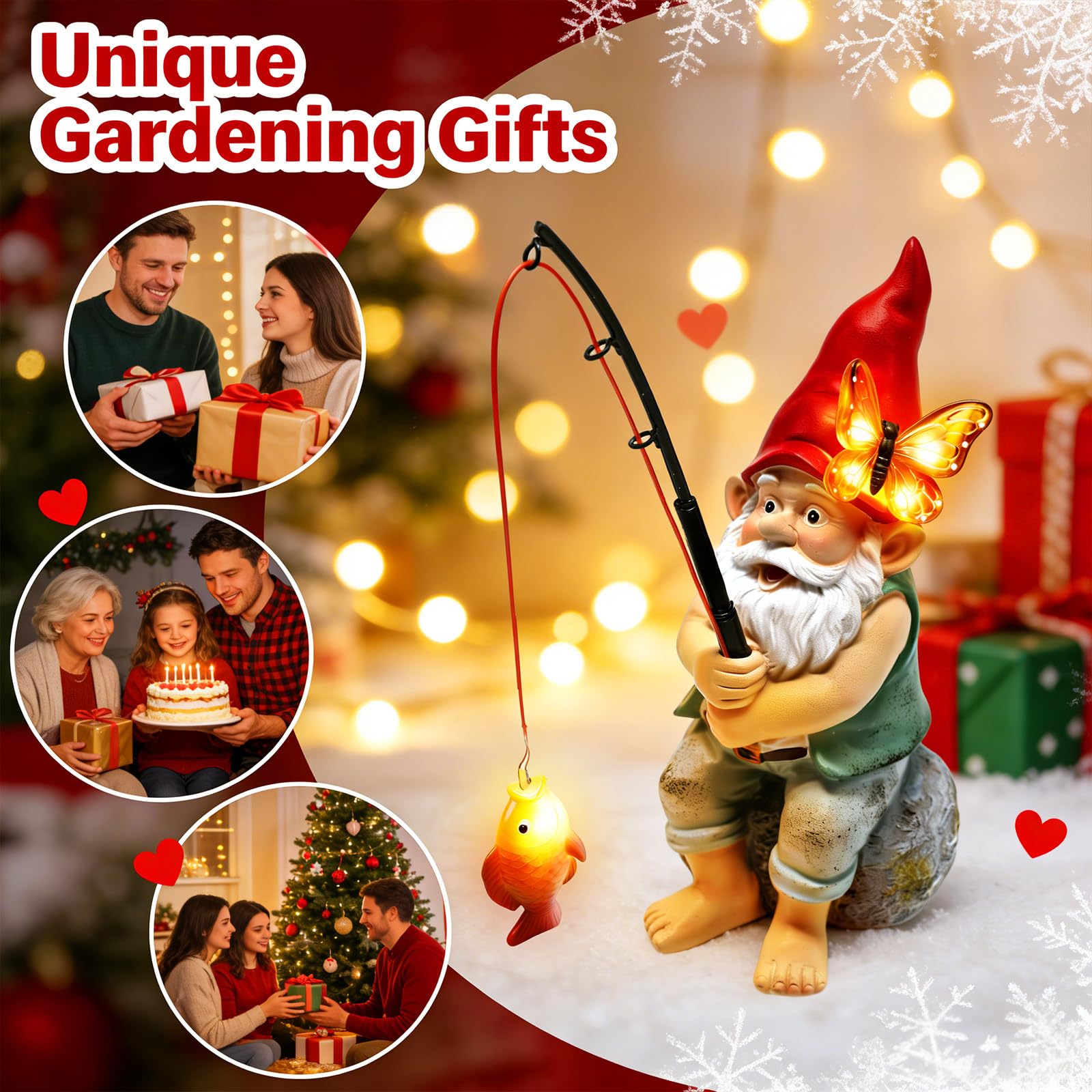 Solar Fishing Garden Gnome Statue with Butterfly Solar LED Lights, Waterproof Outdoor Figurine Ornament for Yard Patio Lawn Porch Decor, Perfect Mother’s Day & Birthday Gifts for Mom Women