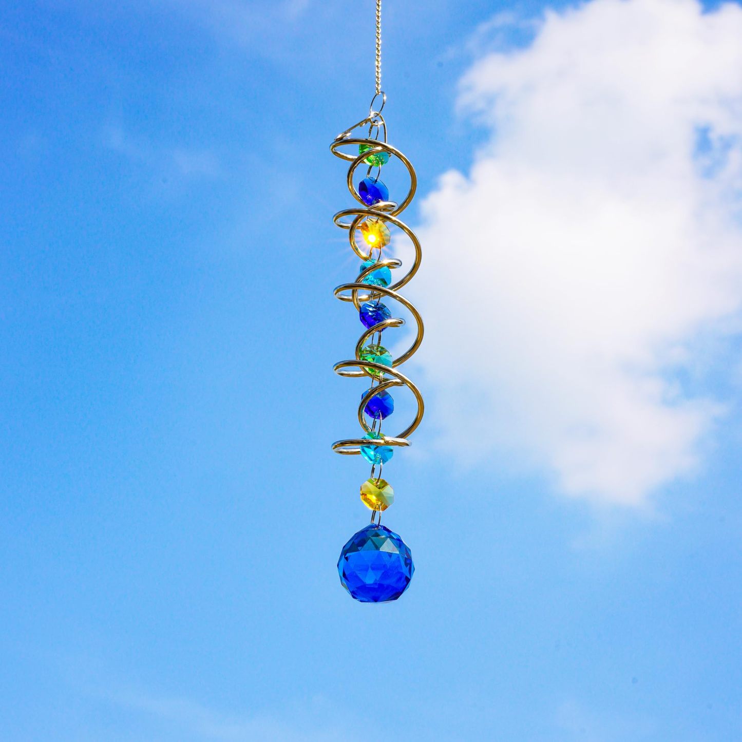20.5 Inch Double Spiral Wind Spinner with Sea Blue Crystal Gazing Ball, Hanging Sun Catcher Rainbow Maker for Indoor Outdoor Decor