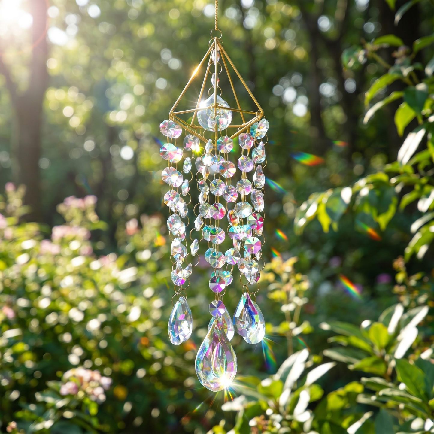 Handmade Gold Plated Crystal Suncatchers | Window Hanging Rainbow Prism Sun Catcher, Indoor Outdoor Garden Wind Chime Decor