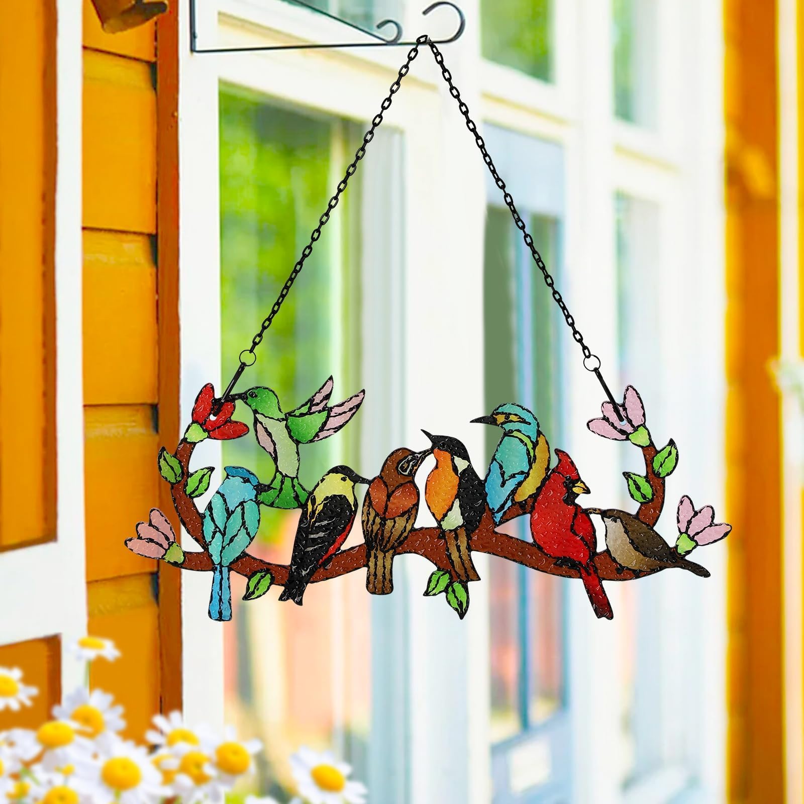 Stained Glass Birds on Branch Suncatcher, Cardinal Hummingbird Kingfisher Double Sided Window Hanging Ornament, Gift for Bird Lovers