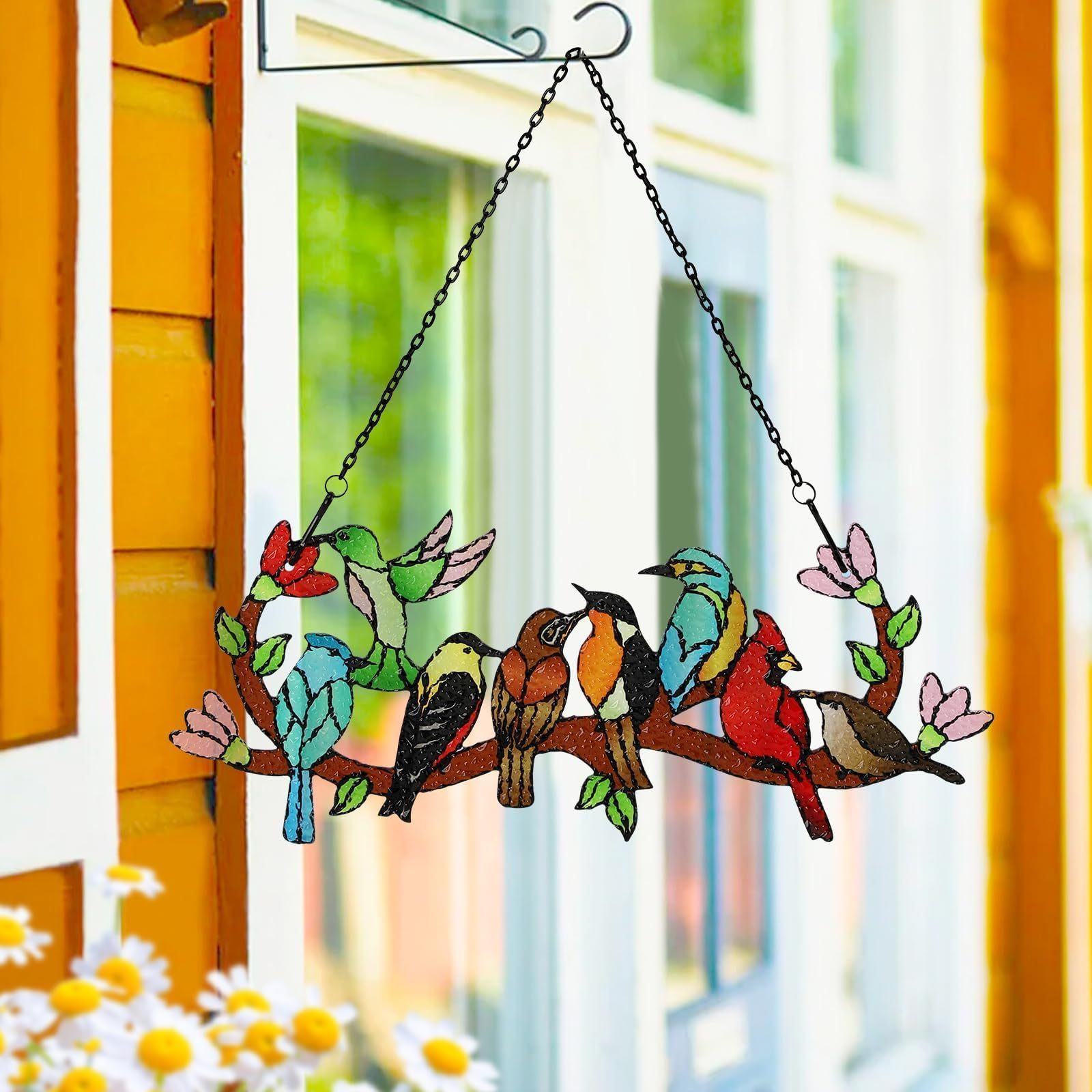 Stained Glass Birds on Branch Suncatcher, Cardinal Hummingbird Kingfisher Double Sided Window Hanging Ornament, Gift for Bird Lovers