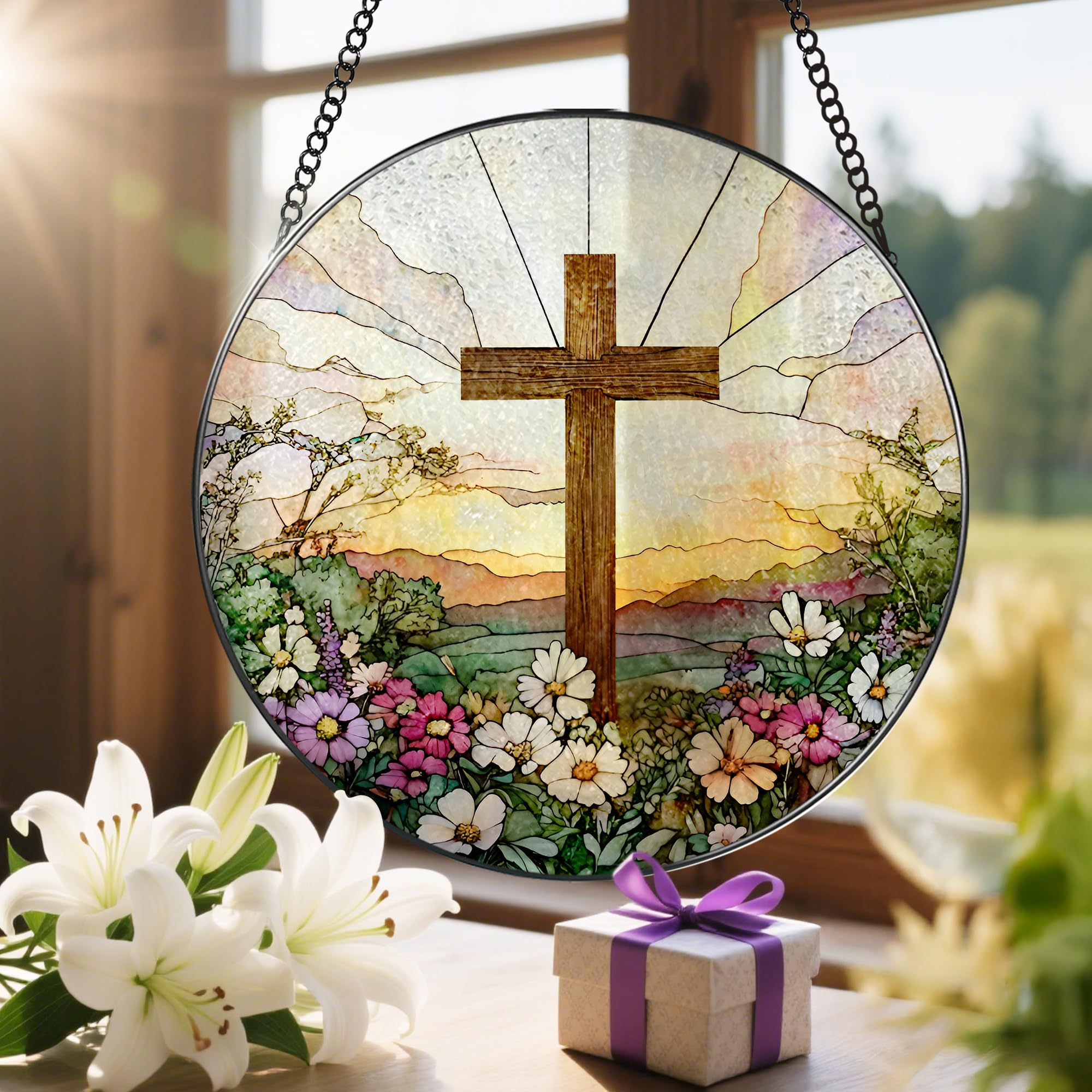 8 Inch Stained Glass Cross with Wildflowers Suncatcher, Christian Window Hanging Decor, Religious Easter & Faith Gift