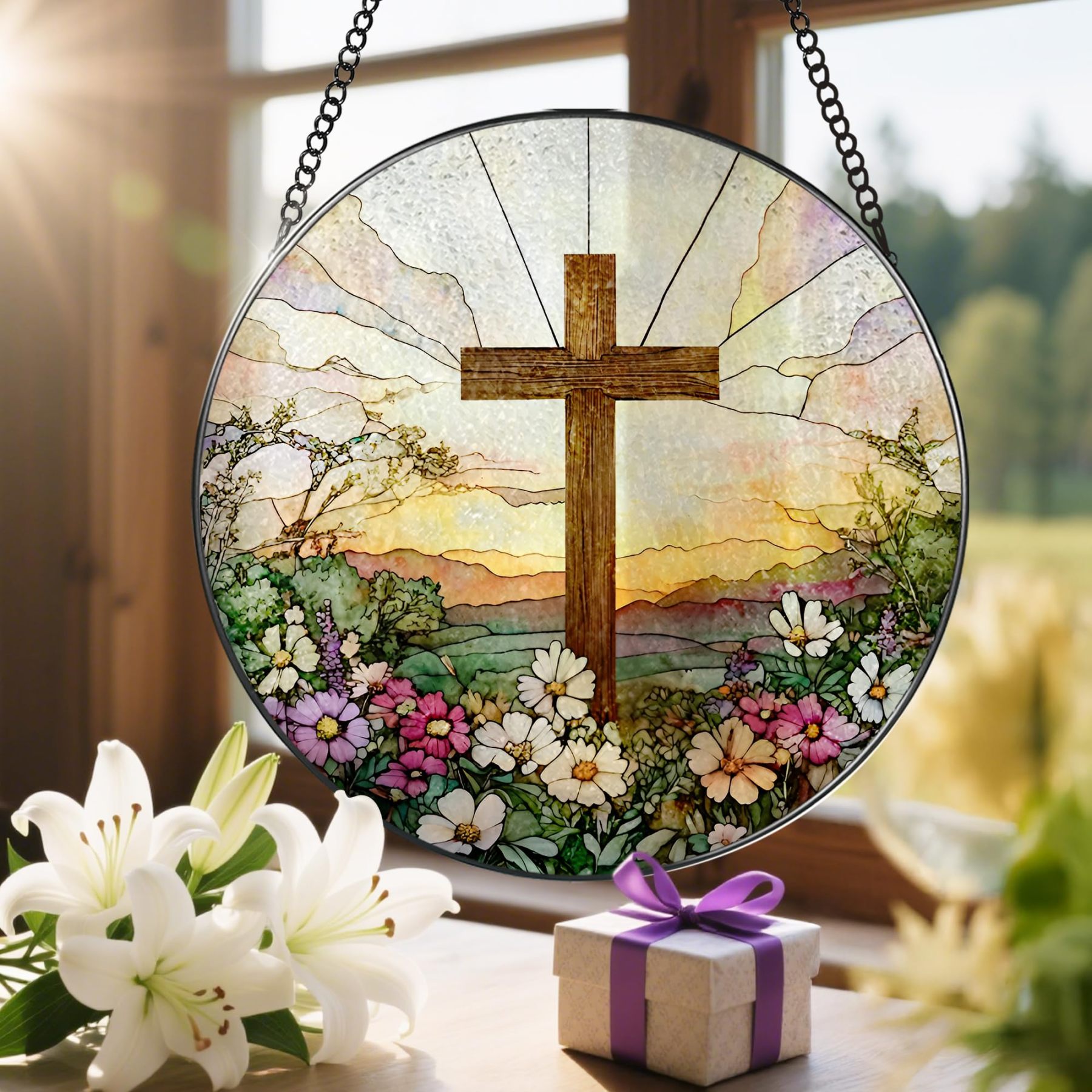 8 Inch Stained Glass Cross with Wildflowers Suncatcher, Christian Window Hanging Decor, Religious Easter & Faith Gift