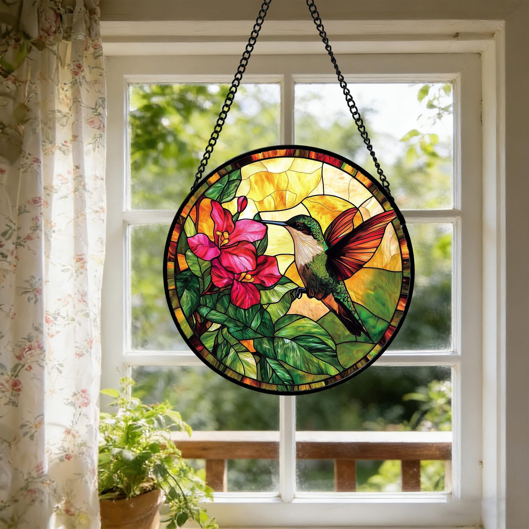 6.3 Inch Hummingbird & Red Flower Stained Glass Suncatcher, Window Hanging Ornament, Birthday & Mother’s Day Gift for Bird Lovers, Mom and Nana