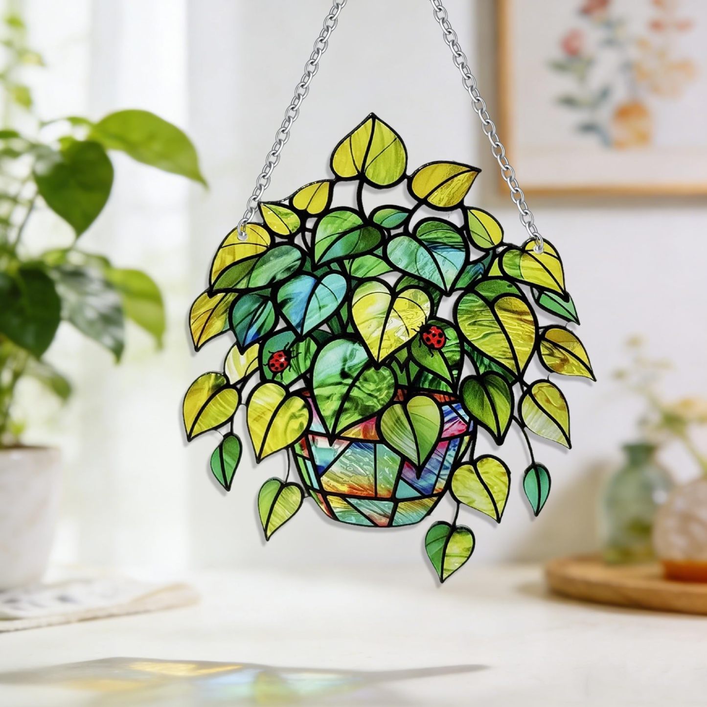 Leaf Plant Stained Glass Suncatcher, Window Hanging Ornament, Unique Gift for Nature Lovers