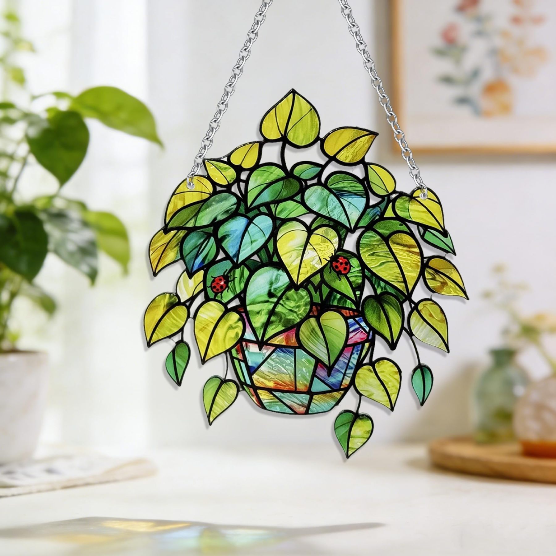 Leaf Plant Stained Glass Suncatcher, Window Hanging Ornament, Unique Gift for Nature Lovers