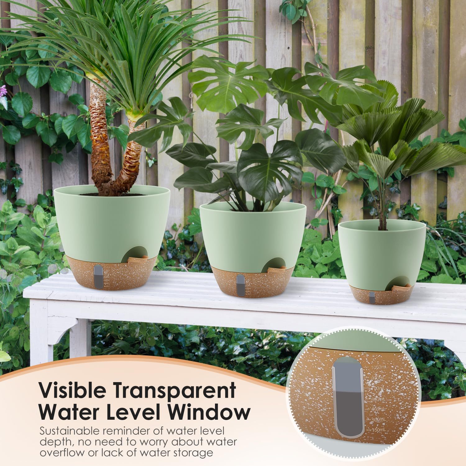 Self-Watering Plant Pots with Water Level Indicator & Drainage Holes – 12/10/9 Inch Large Plastic Planters for Indoor & Outdoor Plants