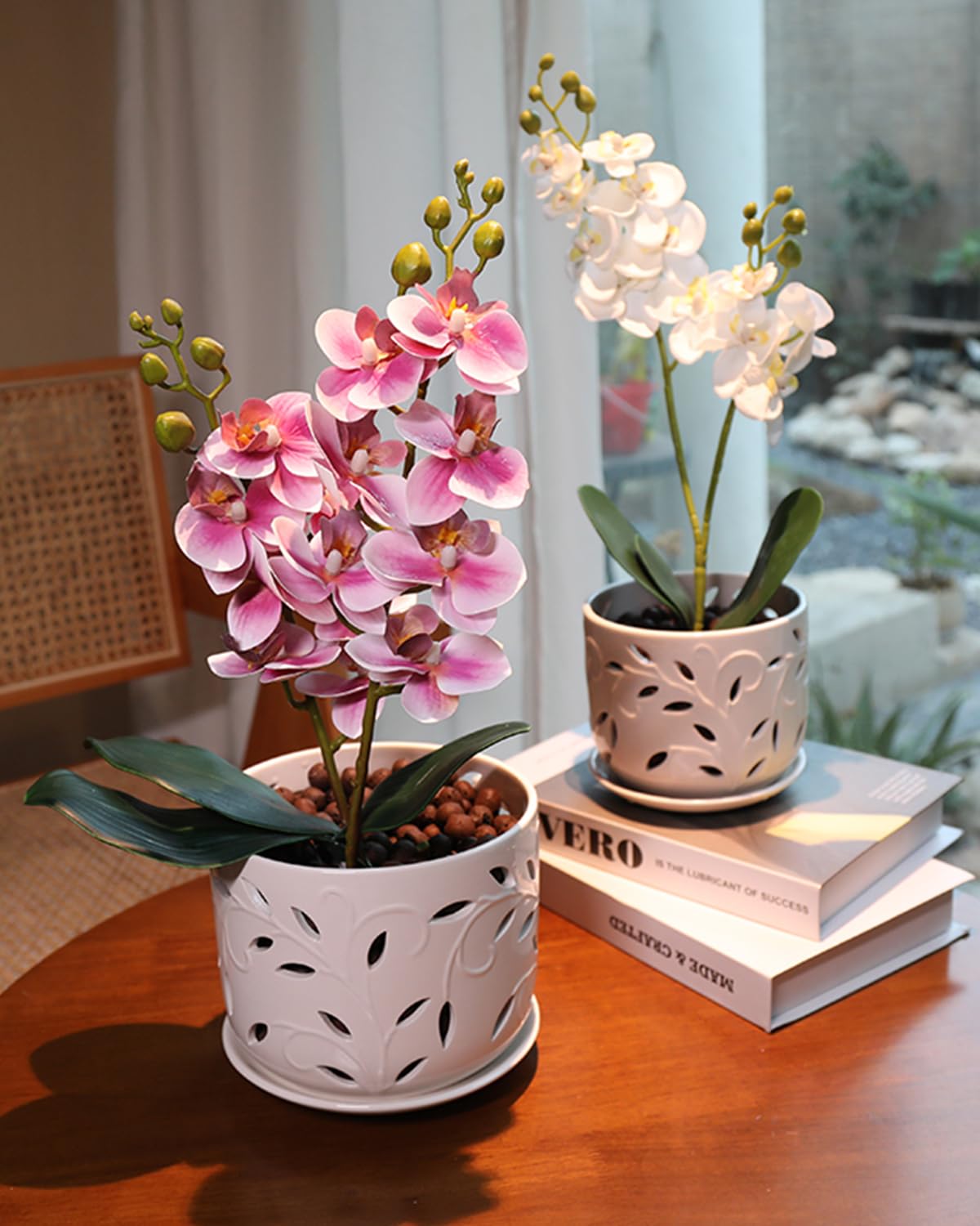 White Ceramic Orchid Pot Set (5 + 6 Inch) with Drainage Holes & Saucers for Indoor & Outdoor Use