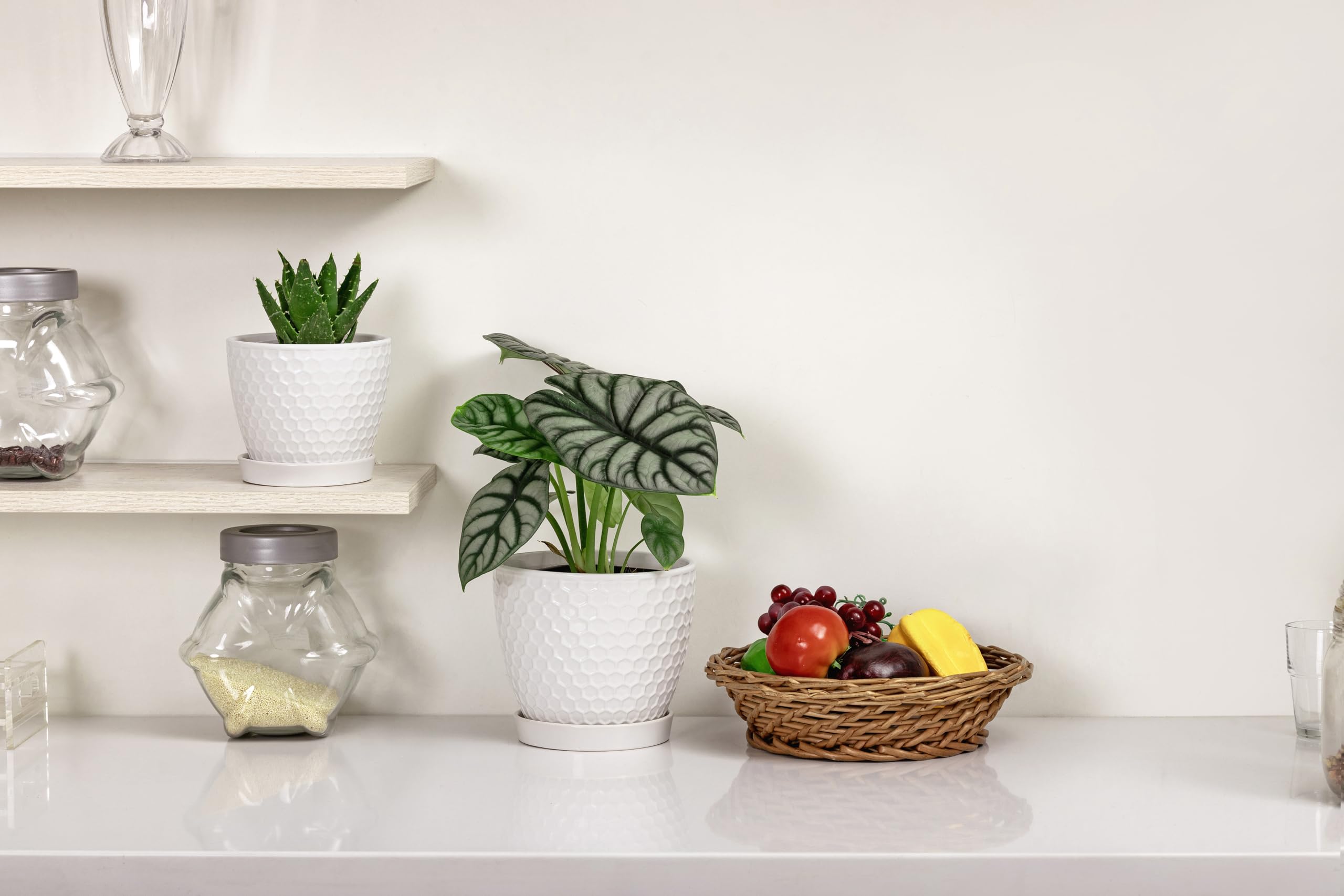 Ceramic Plant Pots Set of 2 (6.6" +5.5"), High-Fired Clay Planters with Drainage Holes & Saucers, Modern Honeycomb Design Home Decor for All Indoor House Plants