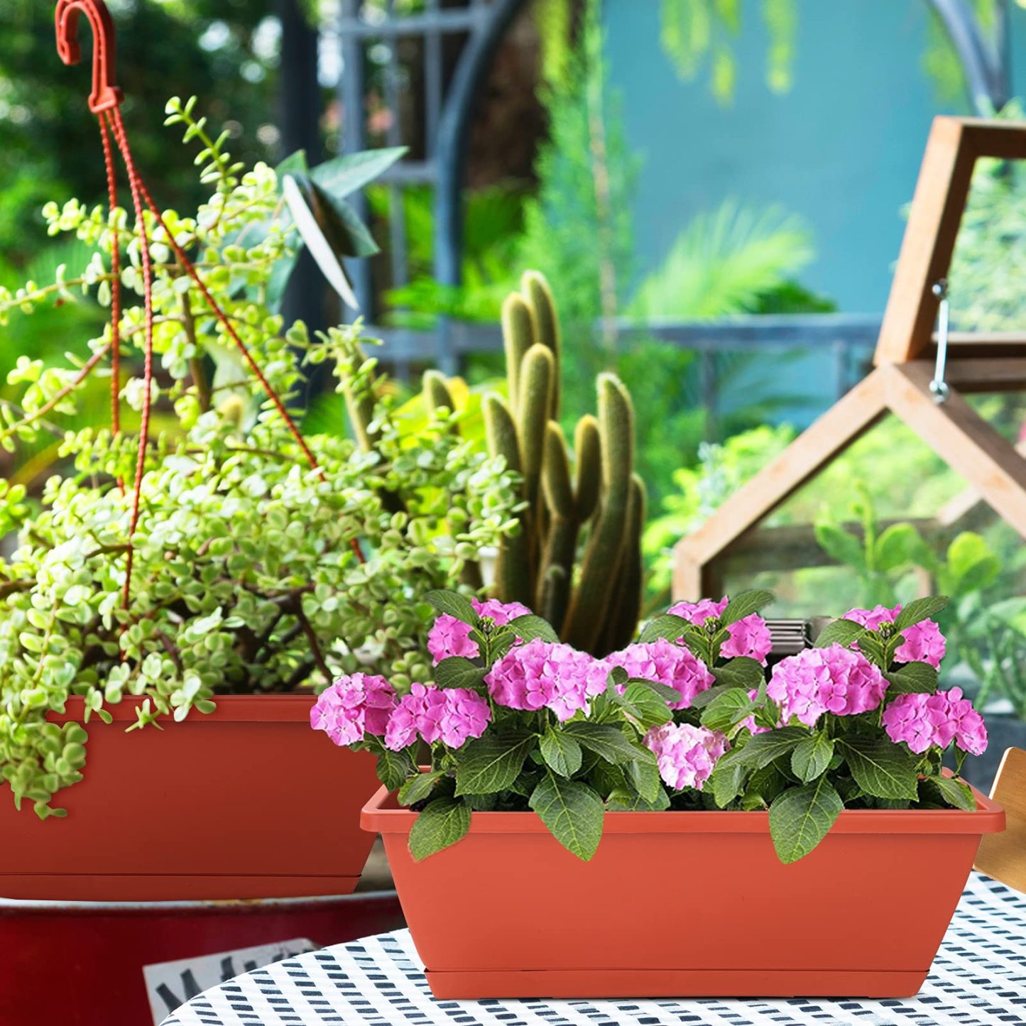 7 Pack 17 Inch Rectangular Plastic Window Box Planters with Saucers, Vegetable & Flower Planter Pots for Indoor Outdoor Garden, Patio & Home Decor