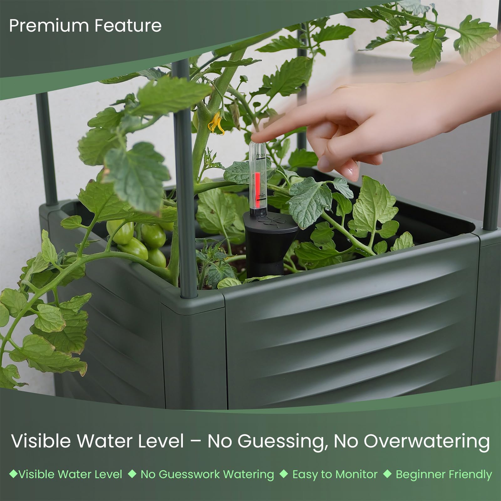 56.5" Tall Tomato Planter Pot with Self-Watering System & Water Level Indicator, Raised Garden Bed with Metal Trellis for Climbing Plants, Large Water Reservoir Planter for Indoor & Outdoor Use (Single Planter)