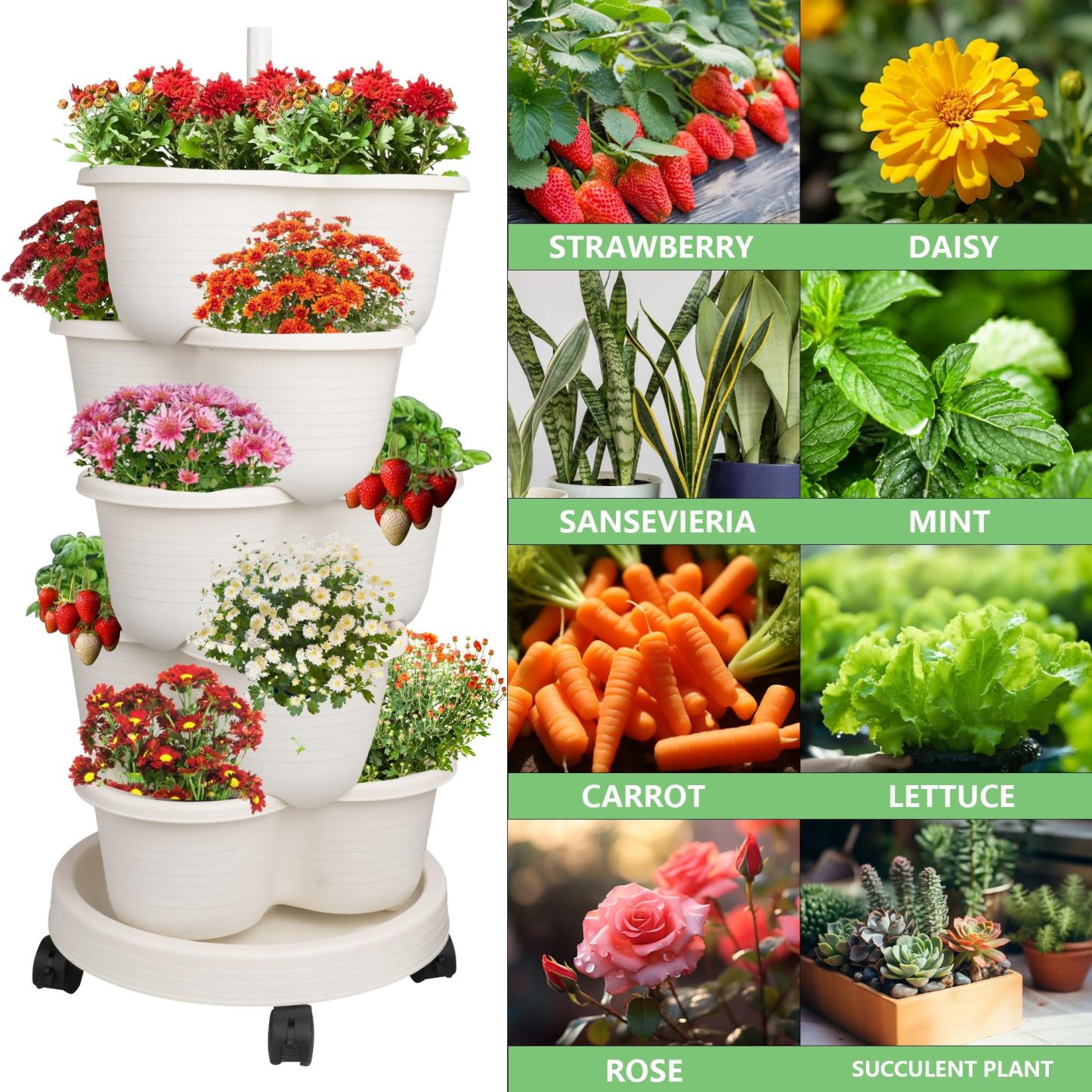 5 Tier Stackable Strawberry Planter, Vertical Garden Tower for Herbs, Vegetables, Flowers & Succulents